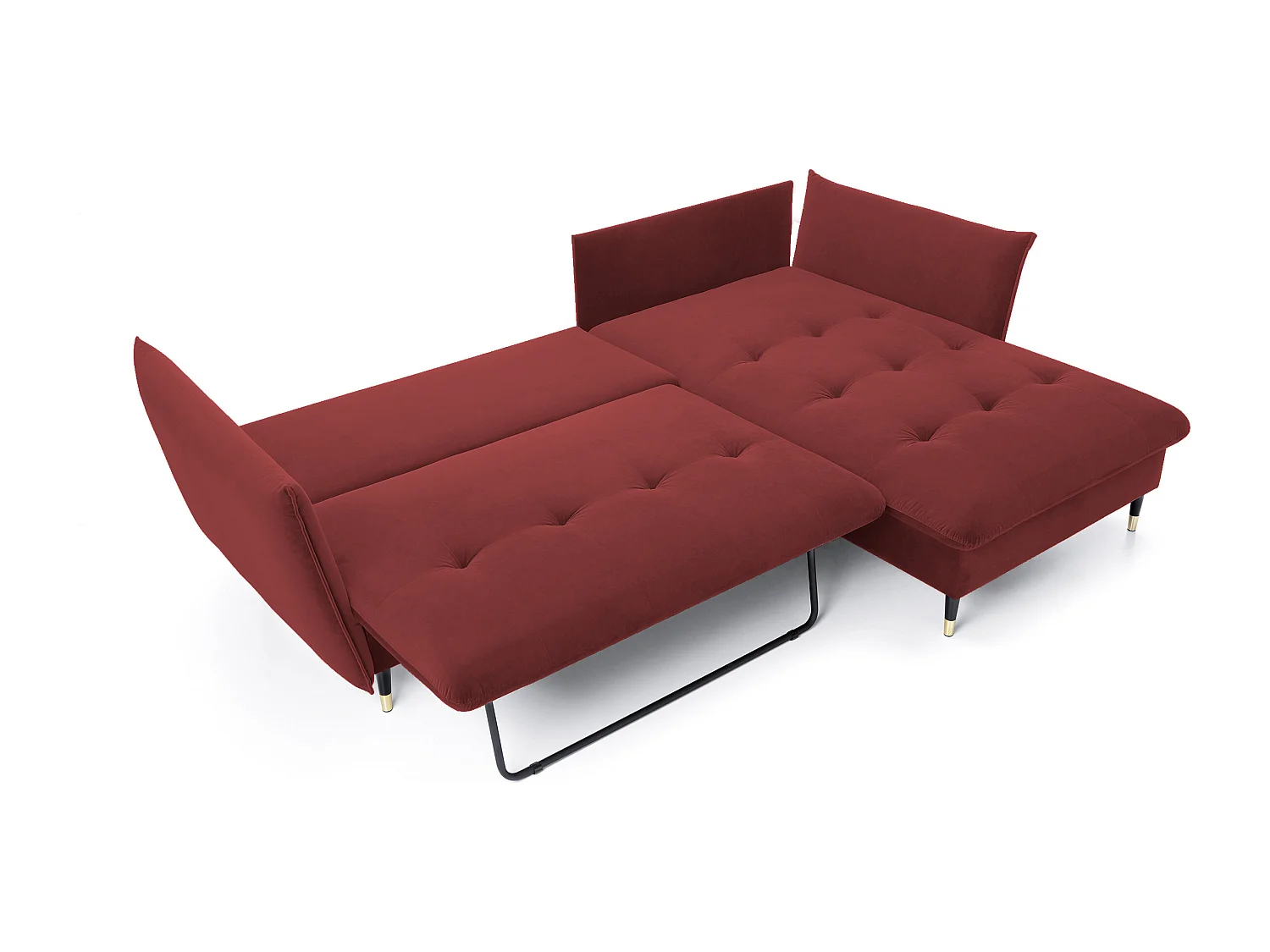 Hoekbank GLAM met slaapfunctie, ottomane & gouden poten – fluwelen bank in glamstijl met sierkussens, 258x167x91cm, Rechterkant BURGUNDY