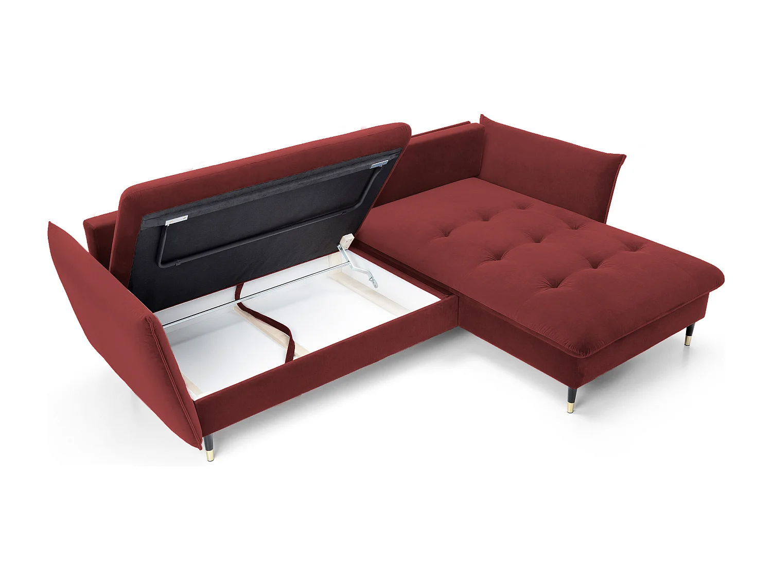 Canapé d'angle GLAM convertible, ottomane & pieds dorés – canapé en velours style glamour avec coussins déco, 258x167x91 cm, côté droit BORDEAUX