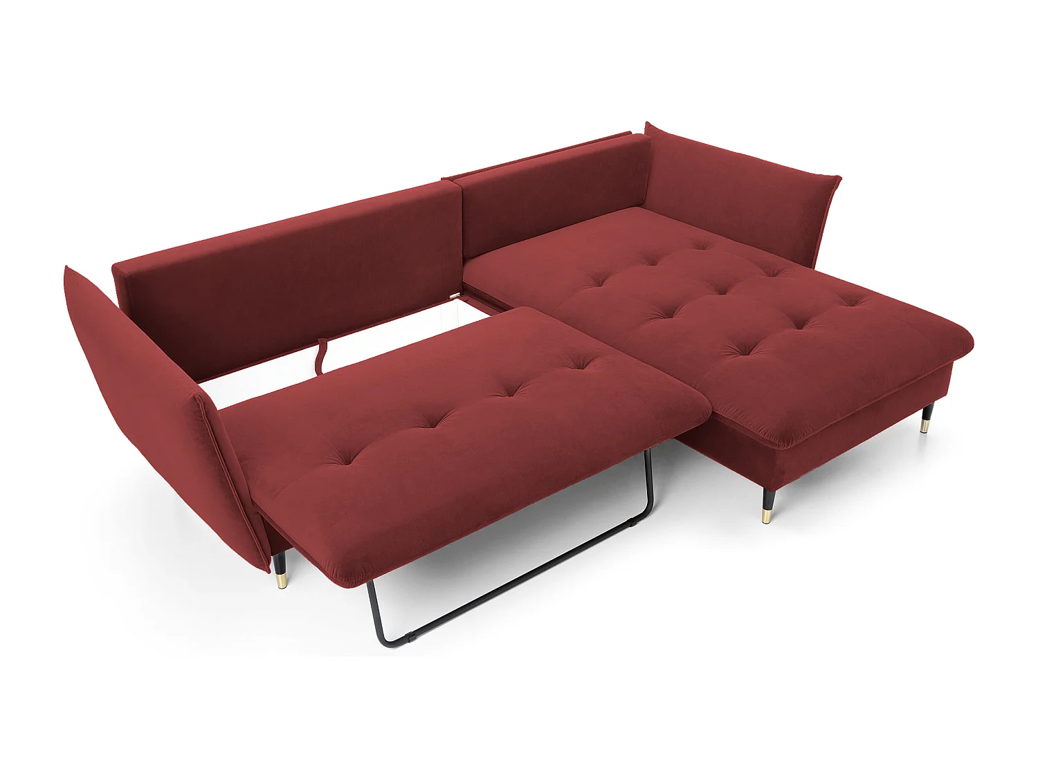 Canapé d'angle GLAM convertible, ottomane & pieds dorés – canapé en velours style glamour avec coussins déco, 258x167x91 cm, côté droit BORDEAUX
