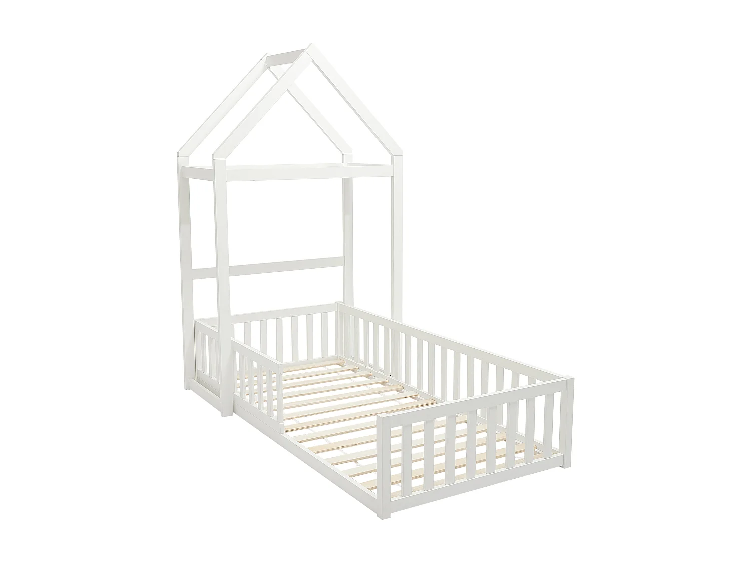 Lit cabane 90 x 190 cm - Pin et MDF - Blanc + Matelas - VARLAINE