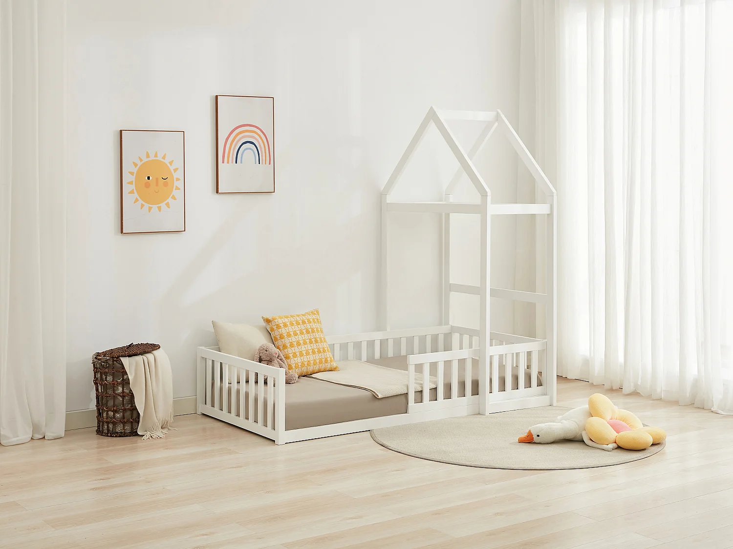 Lit cabane 90 x 190 cm - Pin et MDF - Blanc + Matelas - VARLAINE