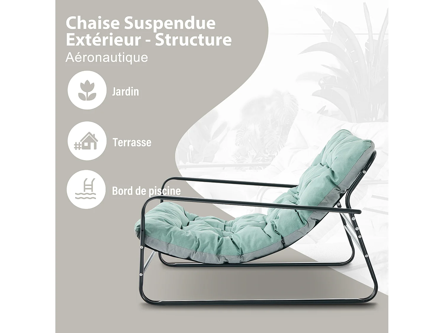 Fauteuil relax et chaise longue de jardin avec coussin réversible - Mobilier de balcon en acier - Chaise rembourrée 2 places (Aqua+Gris)