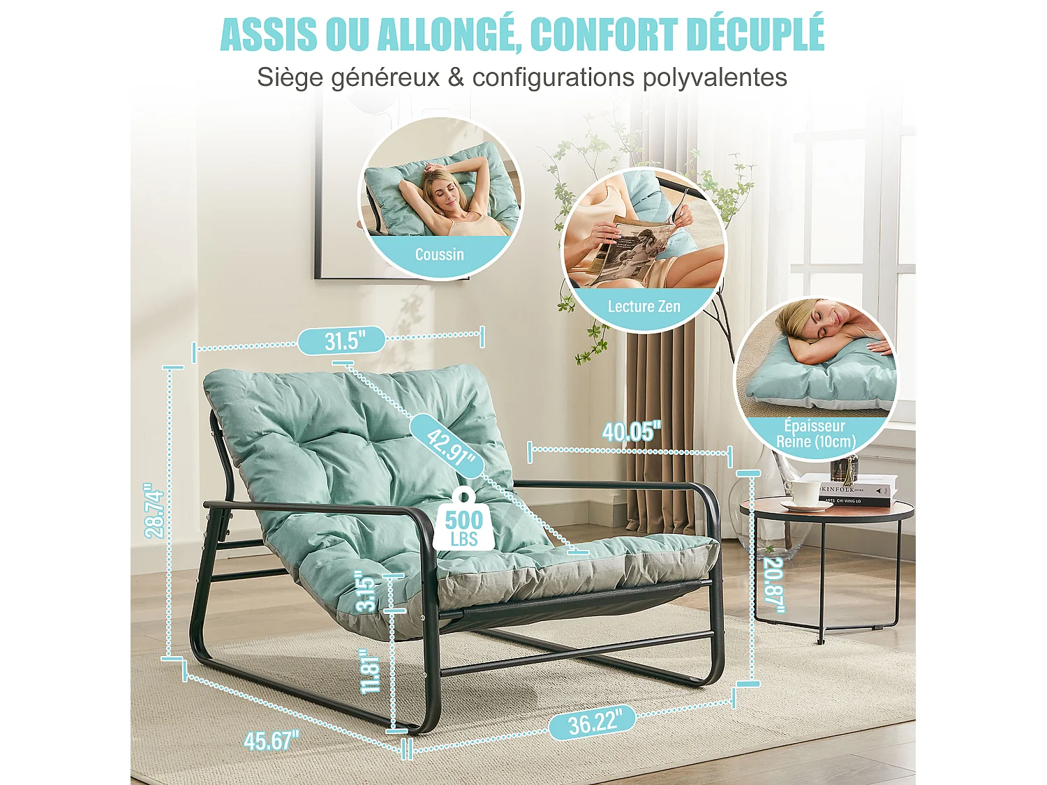 Fauteuil relax et chaise longue de jardin avec coussin réversible - Mobilier de balcon en acier - Chaise rembourrée 2 places (Aqua+Gris)
