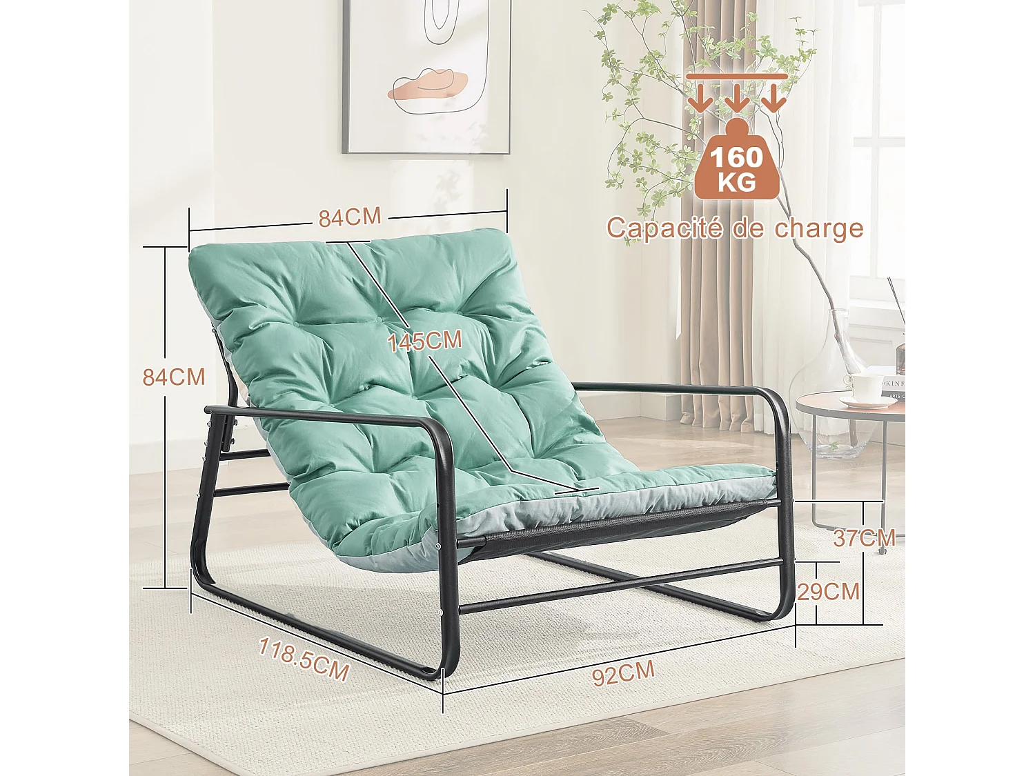 Fauteuil relax et chaise longue de jardin avec coussin réversible - Mobilier de balcon en acier - Chaise rembourrée 2 places (Aqua+Gris)