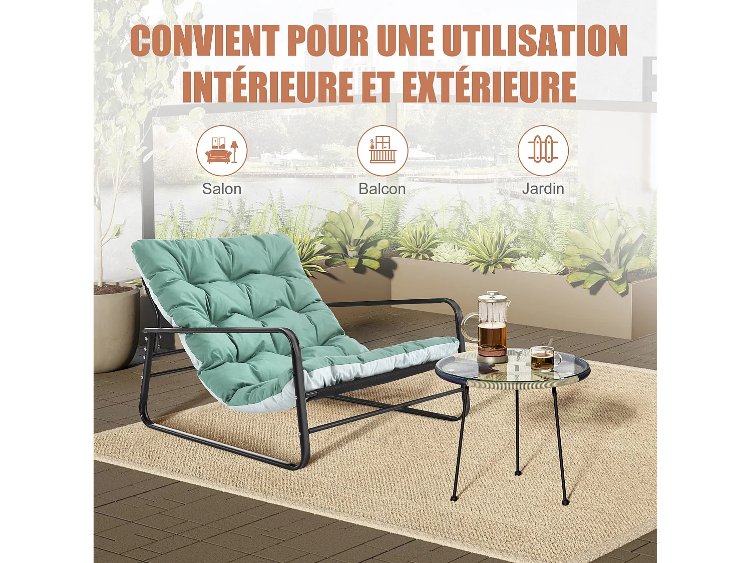 Fauteuil relax et chaise longue de jardin avec coussin réversible - Mobilier de balcon en acier - Chaise rembourrée 2 places (Aqua+Gris)