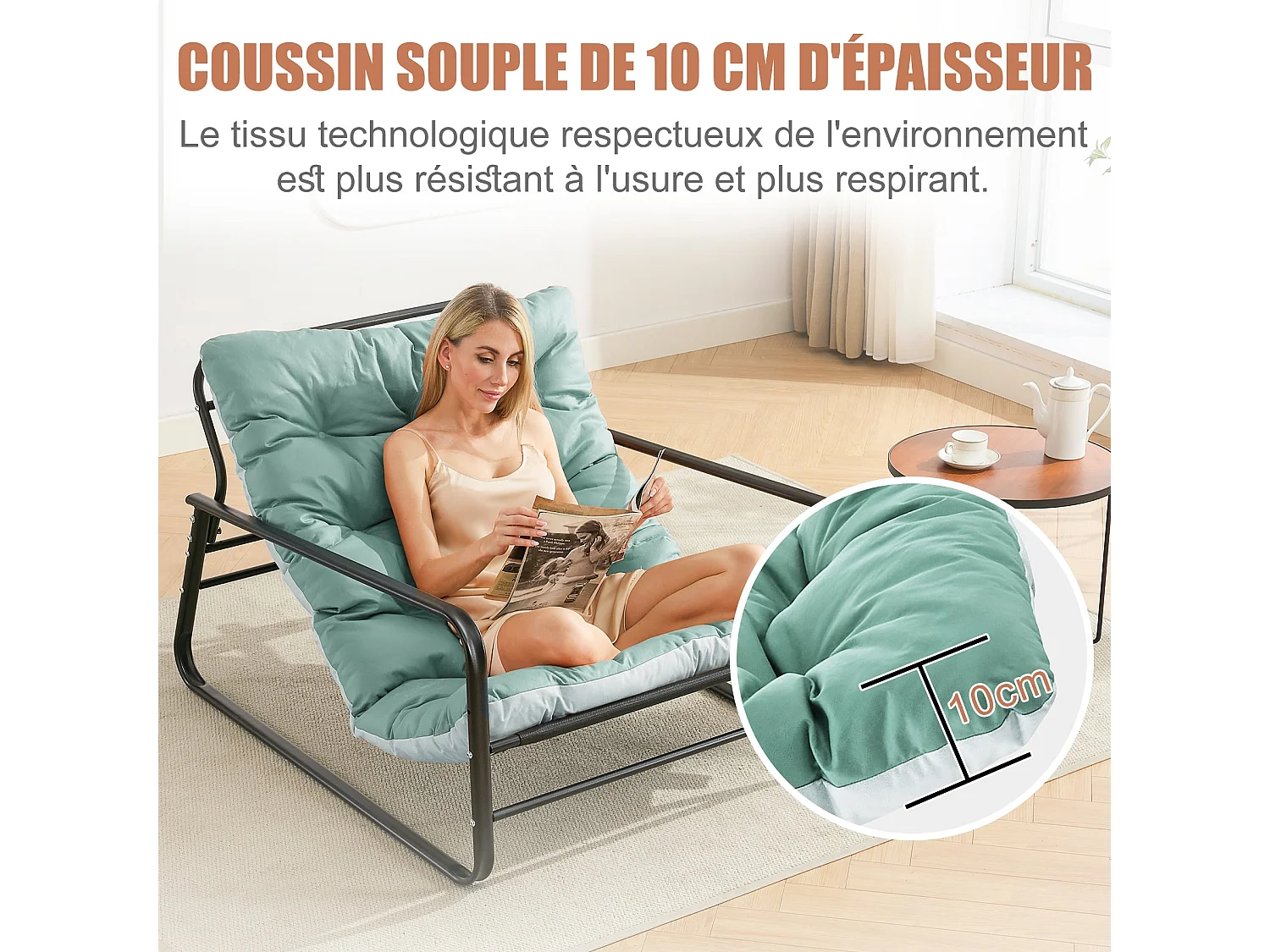 Fauteuil relax et chaise longue de jardin avec coussin réversible - Mobilier de balcon en acier - Chaise rembourrée 2 places (Aqua+Gris)