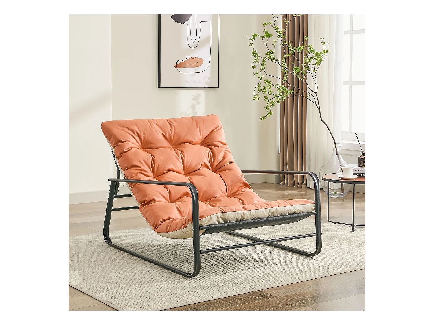 Fauteuil de salon, fauteuil relax, transat de jardin avec coussin réversible, chaise longue de balcon en acier, chaise rembourrée pour 2 personnes, (Orange+Beige)