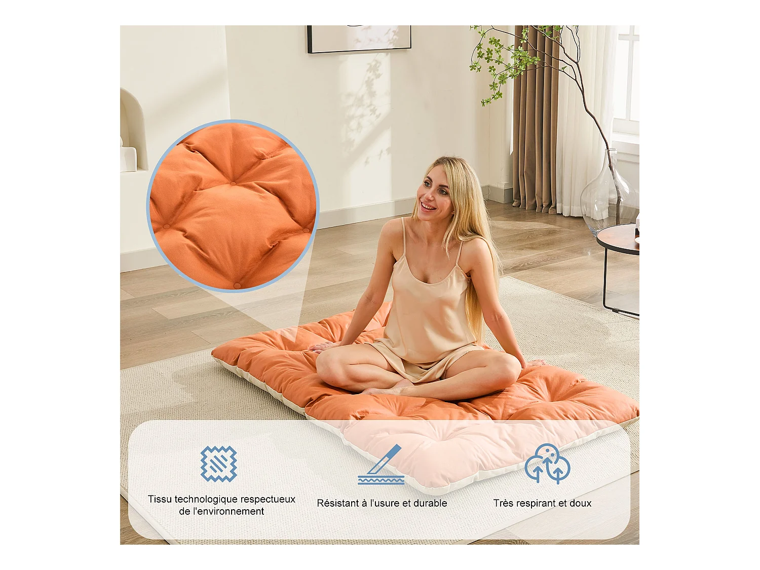 Fauteuil de salon, fauteuil relax, transat de jardin avec coussin réversible, chaise longue de balcon en acier, chaise rembourrée pour 2 personnes, (Orange+Beige)