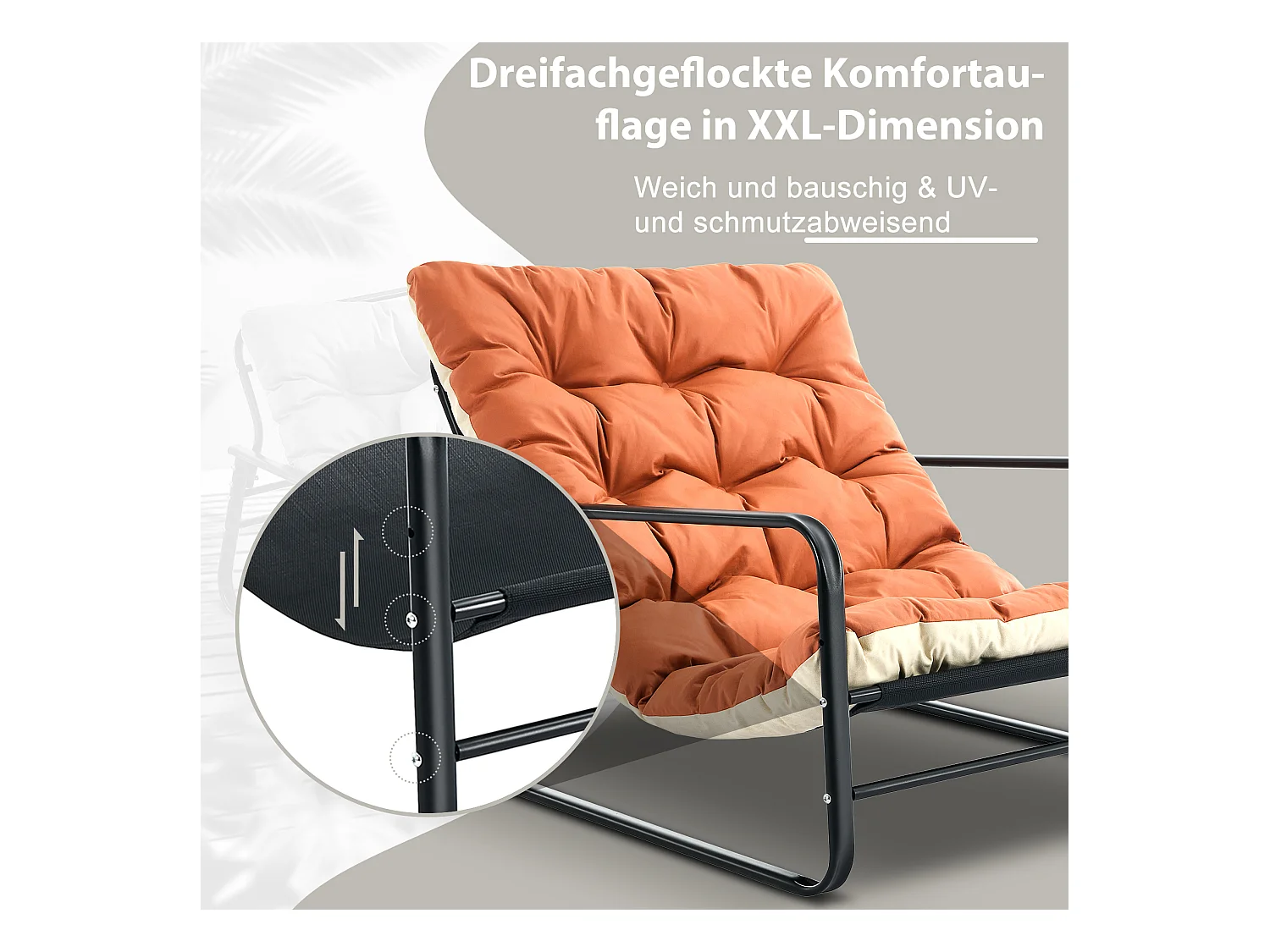 Fauteuil de salon, fauteuil relax, transat de jardin avec coussin réversible, chaise longue de balcon en acier, chaise rembourrée pour 2 personnes, (Orange+Beige)