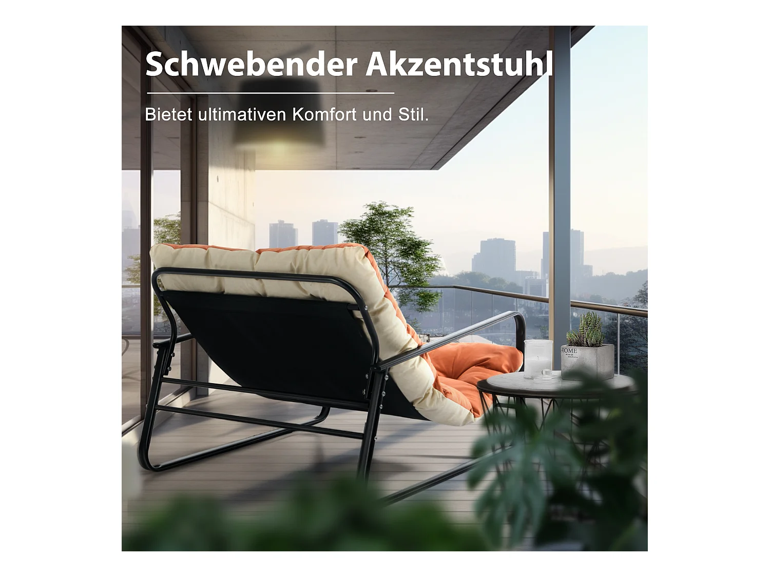 Fauteuil de salon, fauteuil relax, transat de jardin avec coussin réversible, chaise longue de balcon en acier, chaise rembourrée pour 2 personnes, (Orange+Beige)