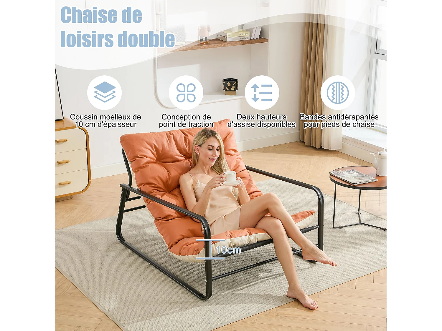 Moderno sillón reclinable de 2 plazas con estructura de acero y cojín reversible (Naranja+Beige)
