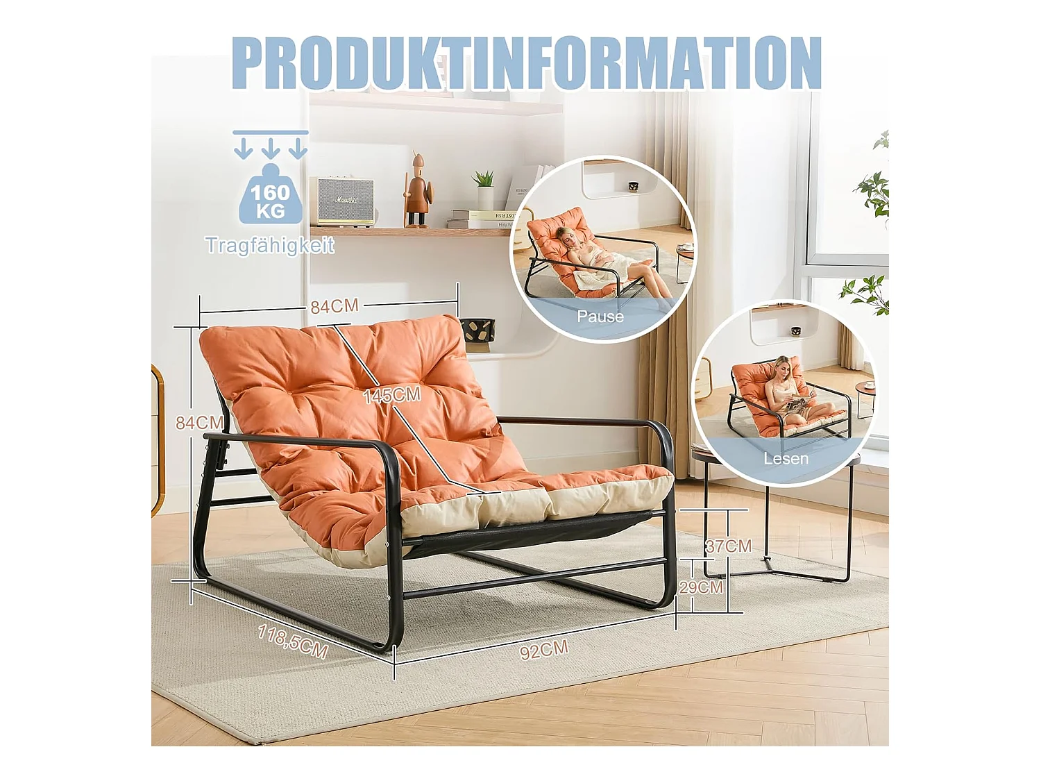 Moderno sillón reclinable de 2 plazas con estructura de acero y cojín reversible (Naranja+Beige)