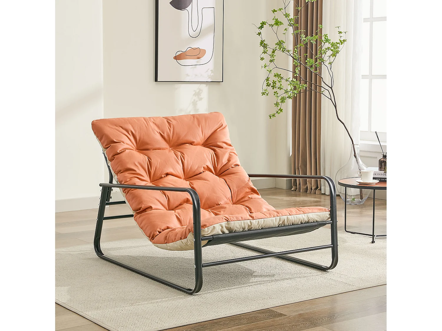Fauteuil de salon, fauteuil relax, transat de jardin avec coussin réversible, chaise longue de balcon en acier, chaise rembourrée pour 2 personnes, (Orange+Beige)