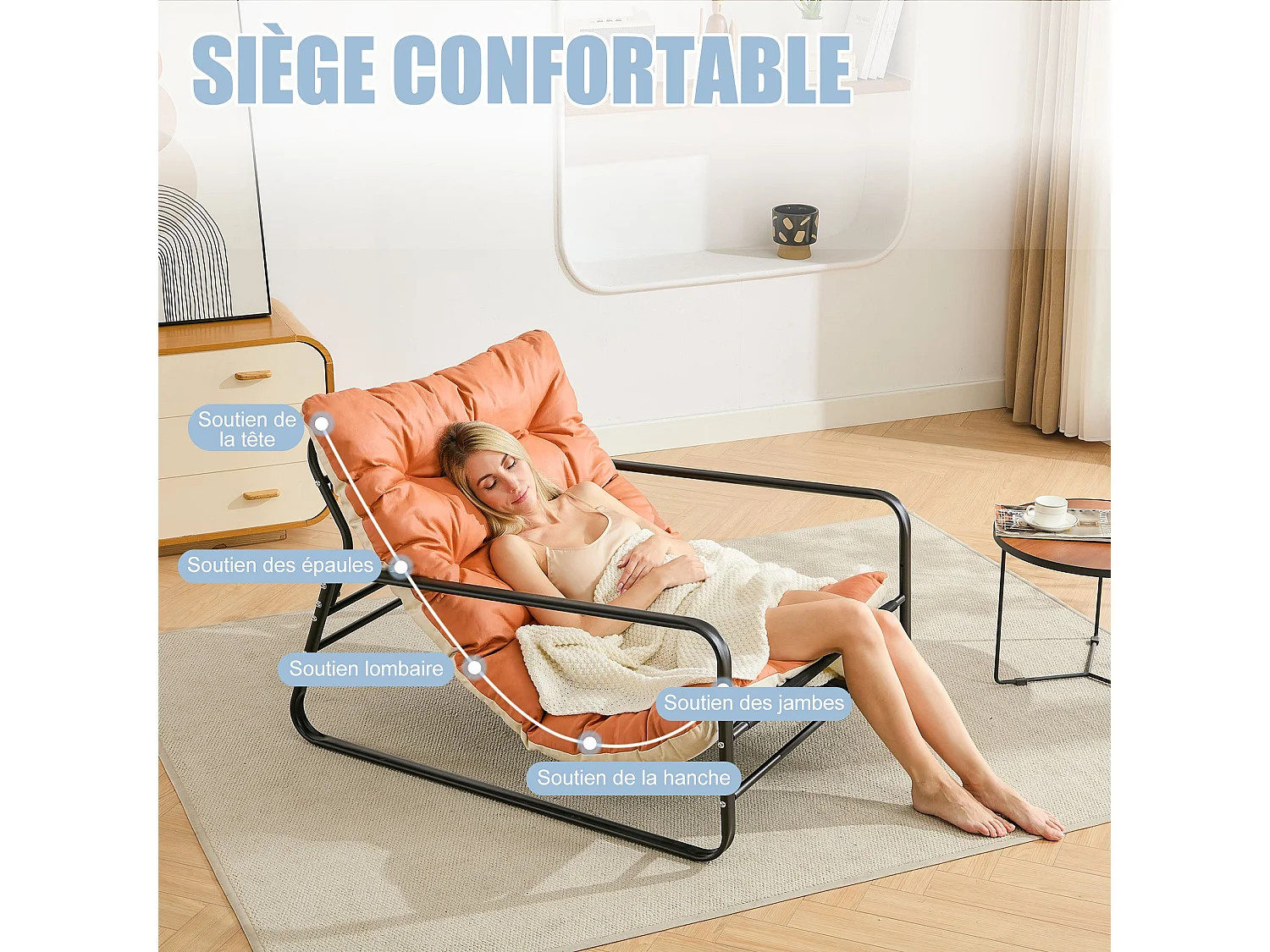 Fauteuil de salon, fauteuil relax, transat de jardin avec coussin réversible, chaise longue de balcon en acier, chaise rembourrée pour 2 personnes, (Orange+Beige)