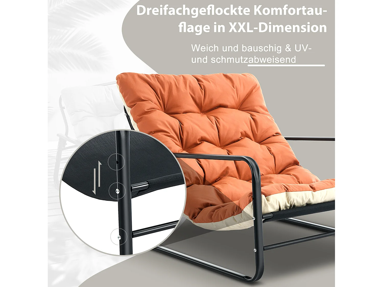 Fauteuil de salon, fauteuil relax, transat de jardin avec coussin réversible, chaise longue de balcon en acier, chaise rembourrée pour 2 personnes, (Orange+Beige)