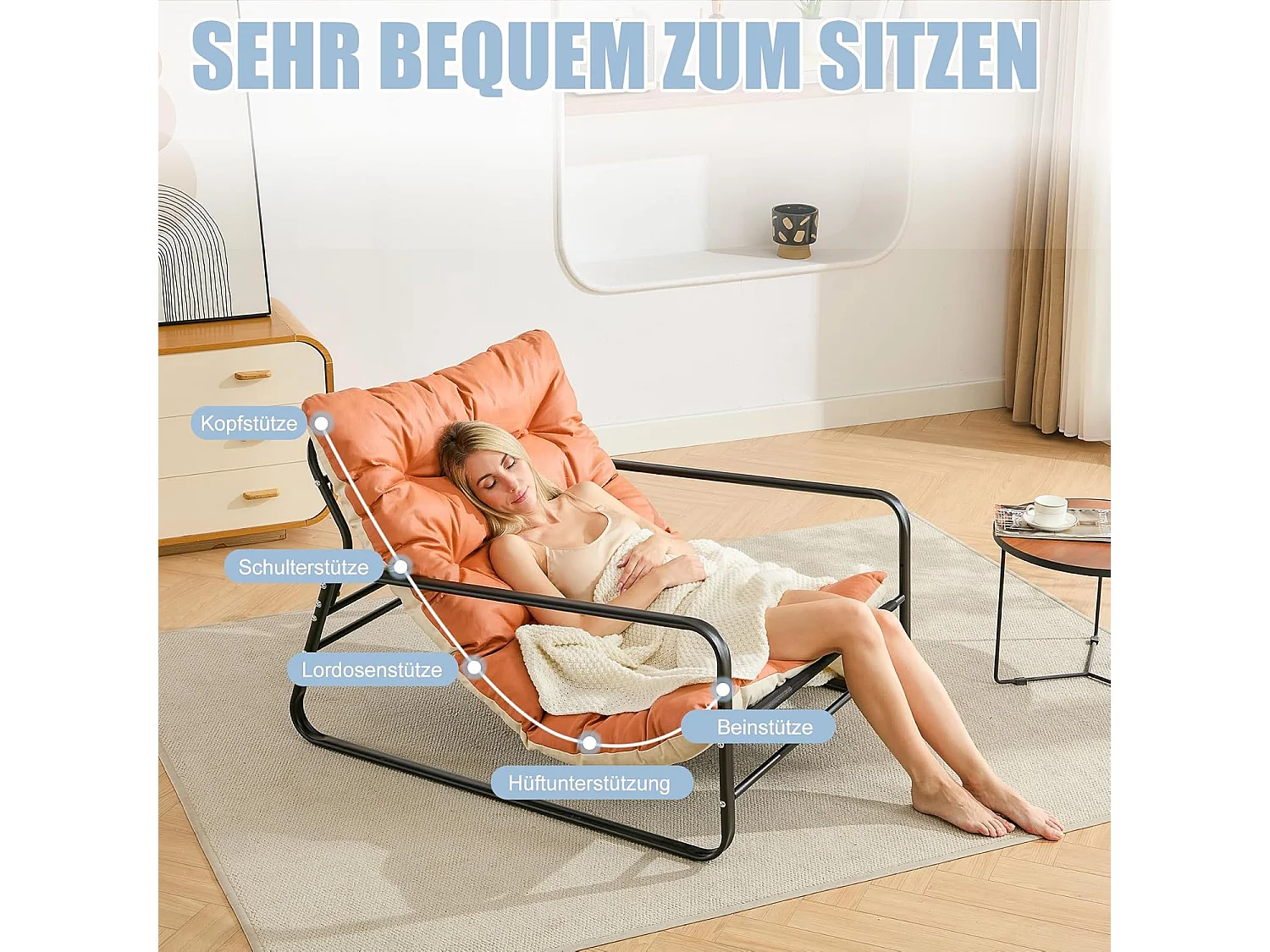 Moderno sillón reclinable de 2 plazas con estructura de acero y cojín reversible (Naranja+Beige)