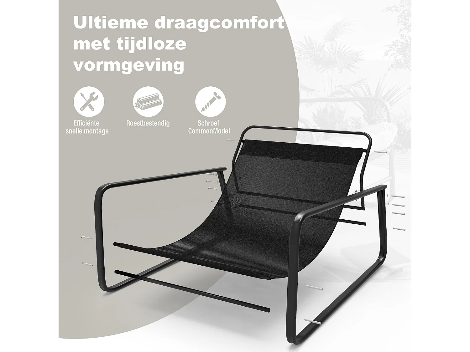Huiskamerfauteuil, relaxfauteuil, tuinligstoel met omkeerbaar kussen, ligstoel voor op het balkon van staal, gestoffeerde stoel voor 2 personen