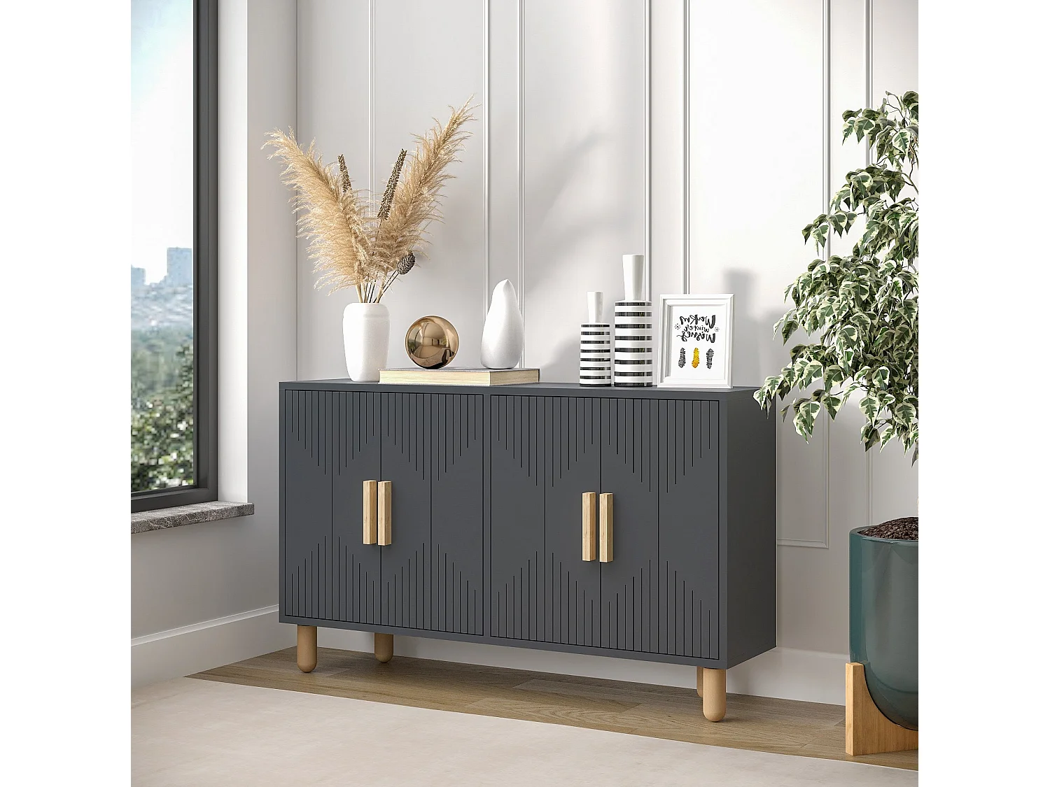 Aparador de Painéis de Partículas Revestido a Melamina – 120cm x 73.6cm x 29.6cm – Antracite