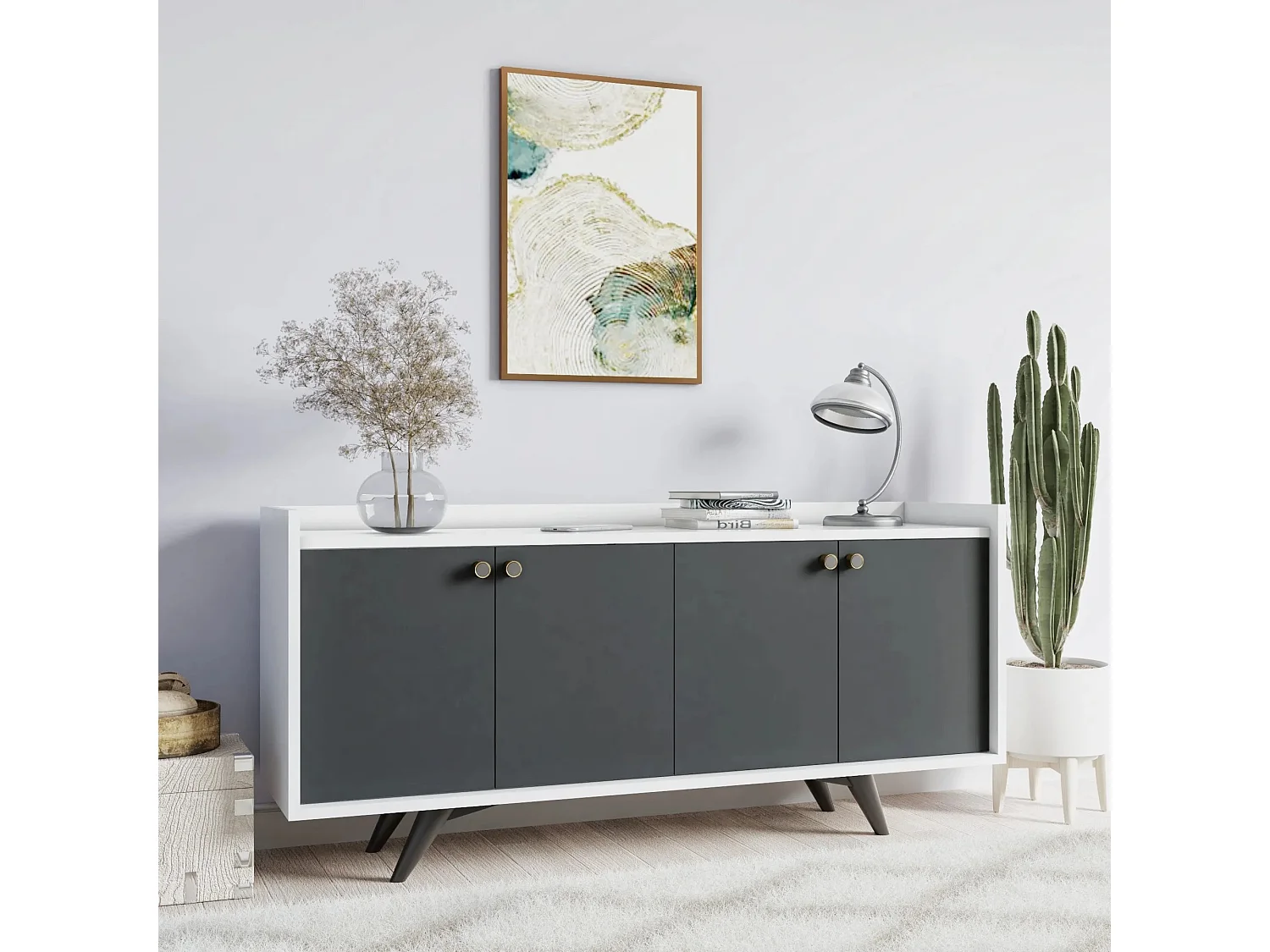 Aparador – 150cm x 75cm x 40cm – Antracite e Branco – Painel de partículas revestido a melamina