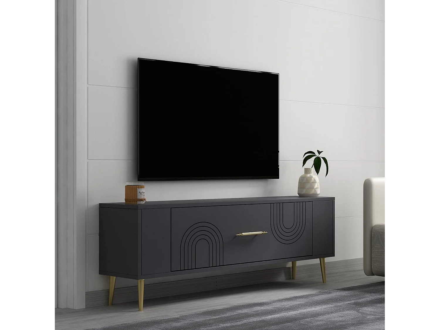 Mueble de TV – 120 cm x 48,2 cm x 26,4 cm – Antracita y Dorado – Tablero de Partículas