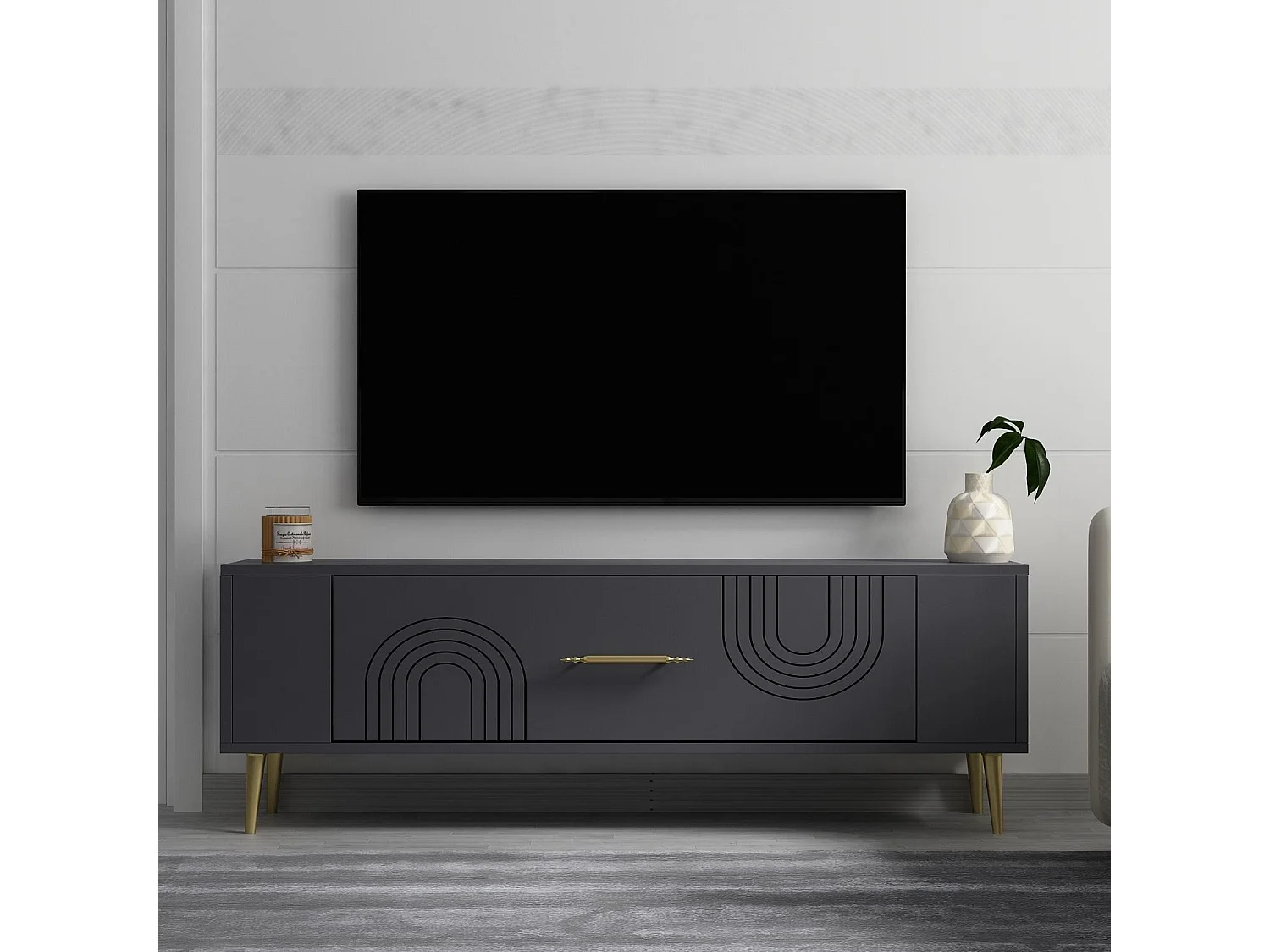 TV-Schrank – 120 cm x 48,2 cm x 26,4 cm – Anthrazit und Gold – Spanplatte