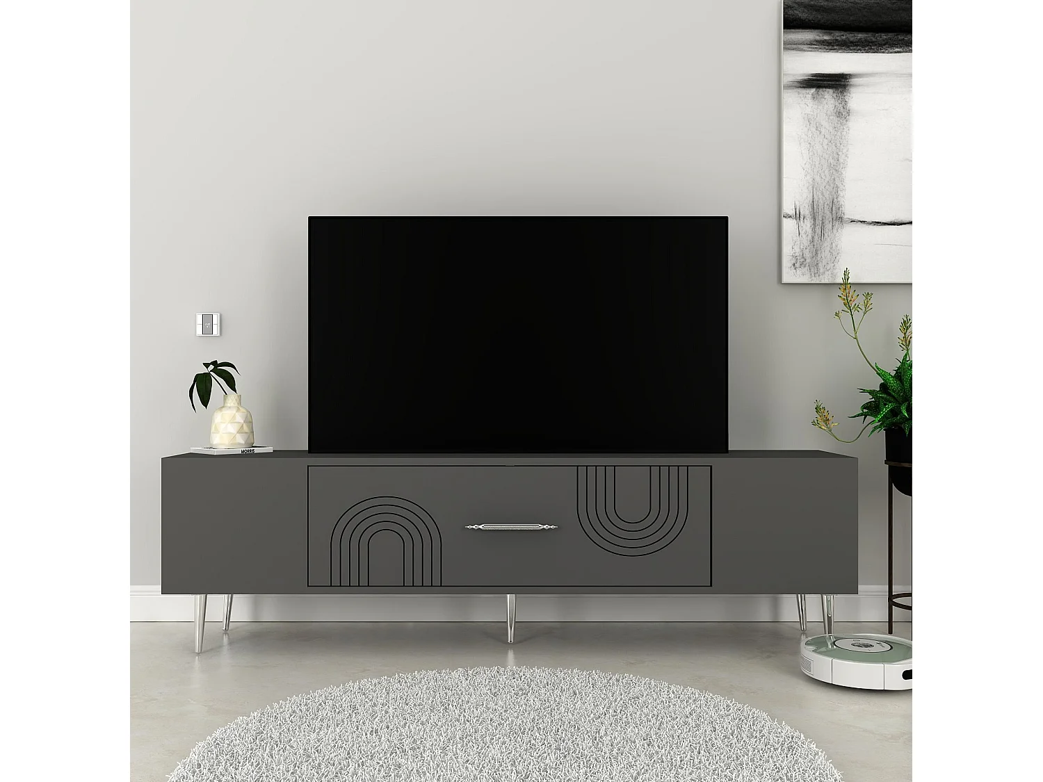 Móvel de TV – 150 cm x 48,2 cm x 29,6 cm – Antracite e Prata – Painel de partículas revestido a melamina