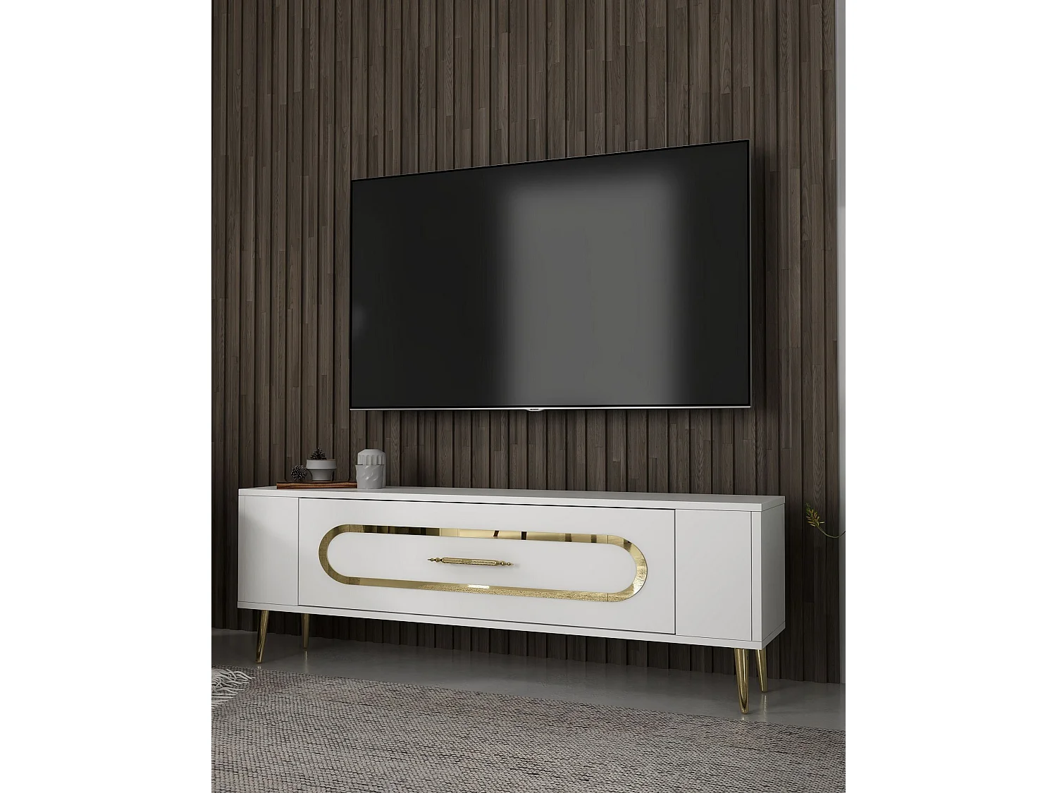 Móvel de TV – 120 cm x 48,2 cm x 26,4 cm – Branco e Dourado – Painel de Partículas