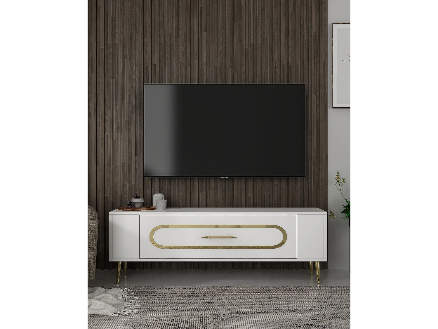 TV-Ständer – 120 cm x 48,2 cm x 26,4 cm – Weiß und Gold – Spanplatte