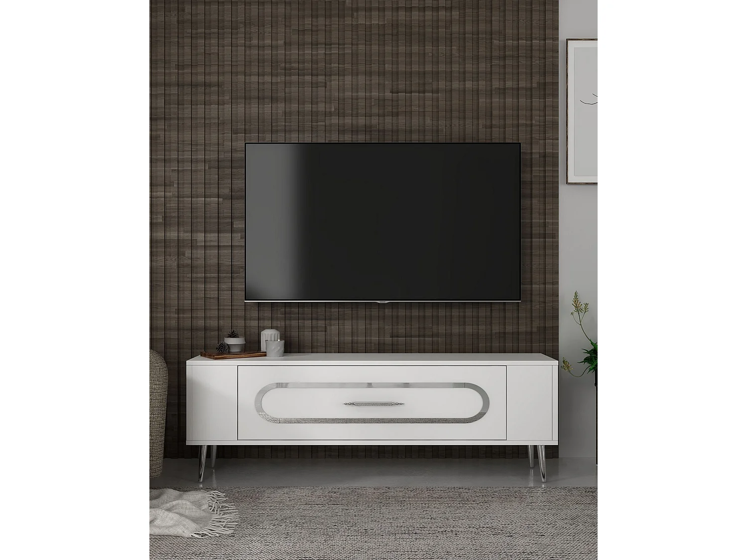 Móvel de TV – 120 cm x 48,2 cm x 26,4 cm – Branco e Prata – Painel de Partículas
