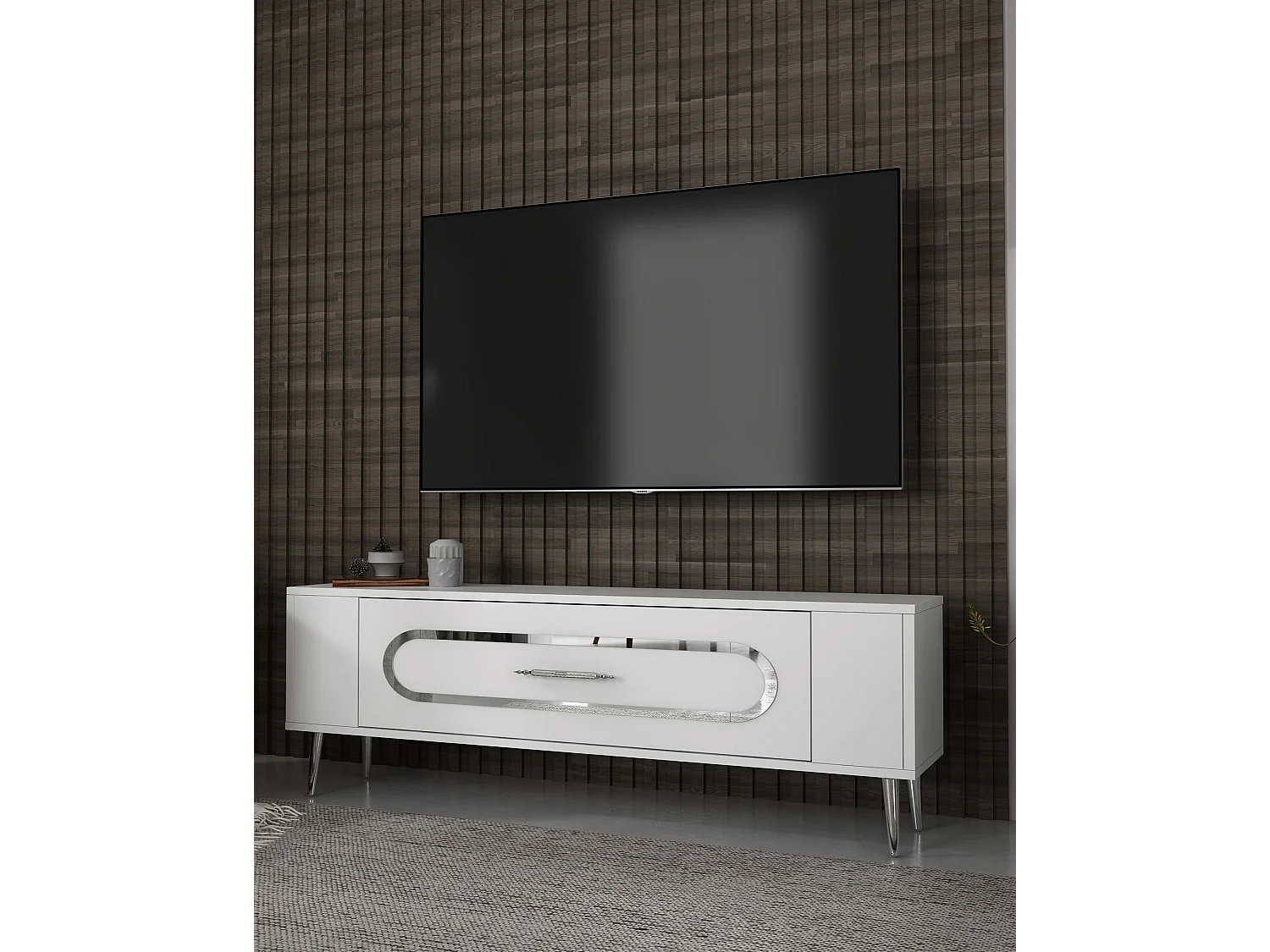 TV-Ständer – 120 cm x 48,2 cm x 26,4 cm – Weiß und Silber – Spanplatte