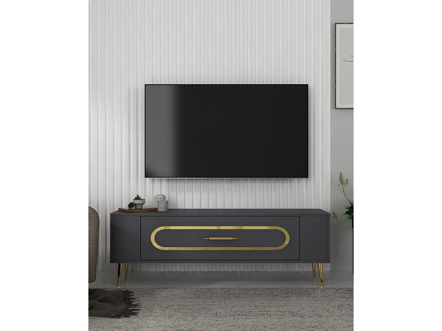 TV-Ständer – 120 cm x 48,2 cm x 26,4 cm – Anthrazit und Gold – Holz