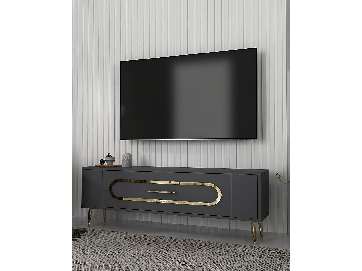 TV-Ständer – 120 cm x 48,2 cm x 26,4 cm – Anthrazit und Gold – Holz