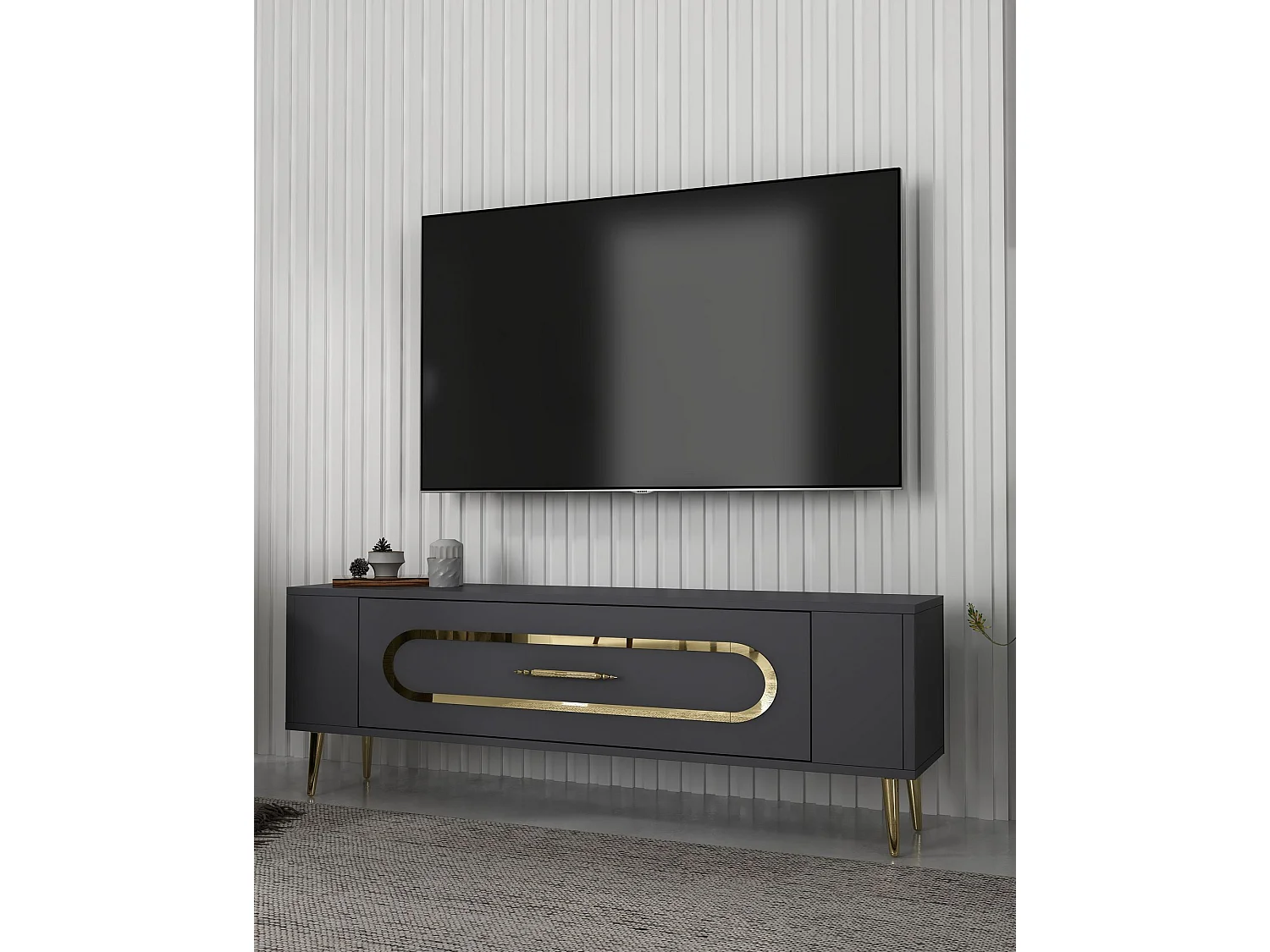 TV-Ständer – 120 cm x 48,2 cm x 26,4 cm – Anthrazit und Gold – Holz
