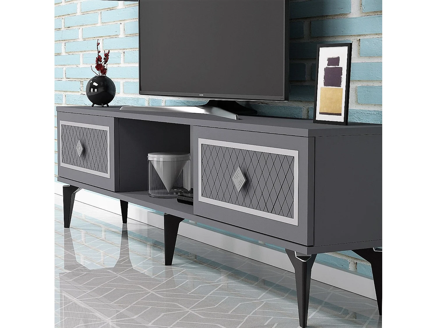 TV-Ständer – 150 cm – Anthrazit und Silber – Spanplatte