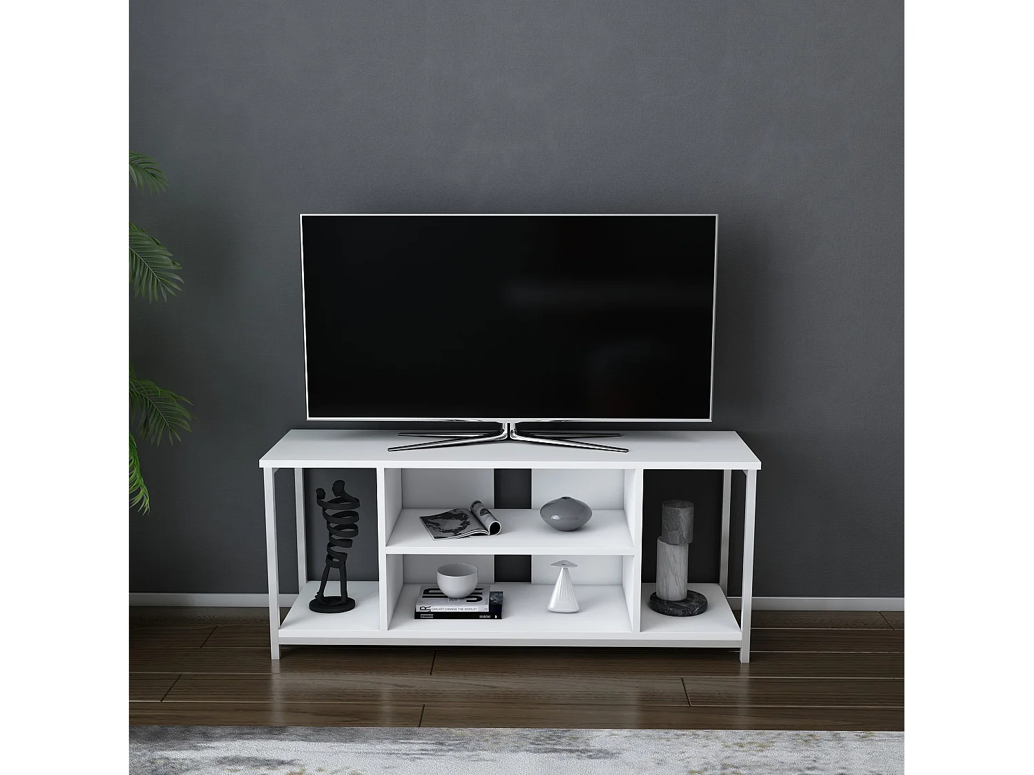 Scandinavische tv-standaard, wit, 120 x 35 x 50,8 cm | 100% melamine gecoate spaanplaat, 18 mm dik, metalen frame | Stijlvol en functioneel voor moderne woonkamers