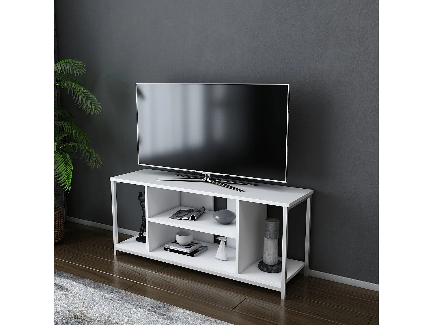 Scandinavische tv-standaard, wit, 120 x 35 x 50,8 cm | 100% melamine gecoate spaanplaat, 18 mm dik, metalen frame | Stijlvol en functioneel voor moderne woonkamers