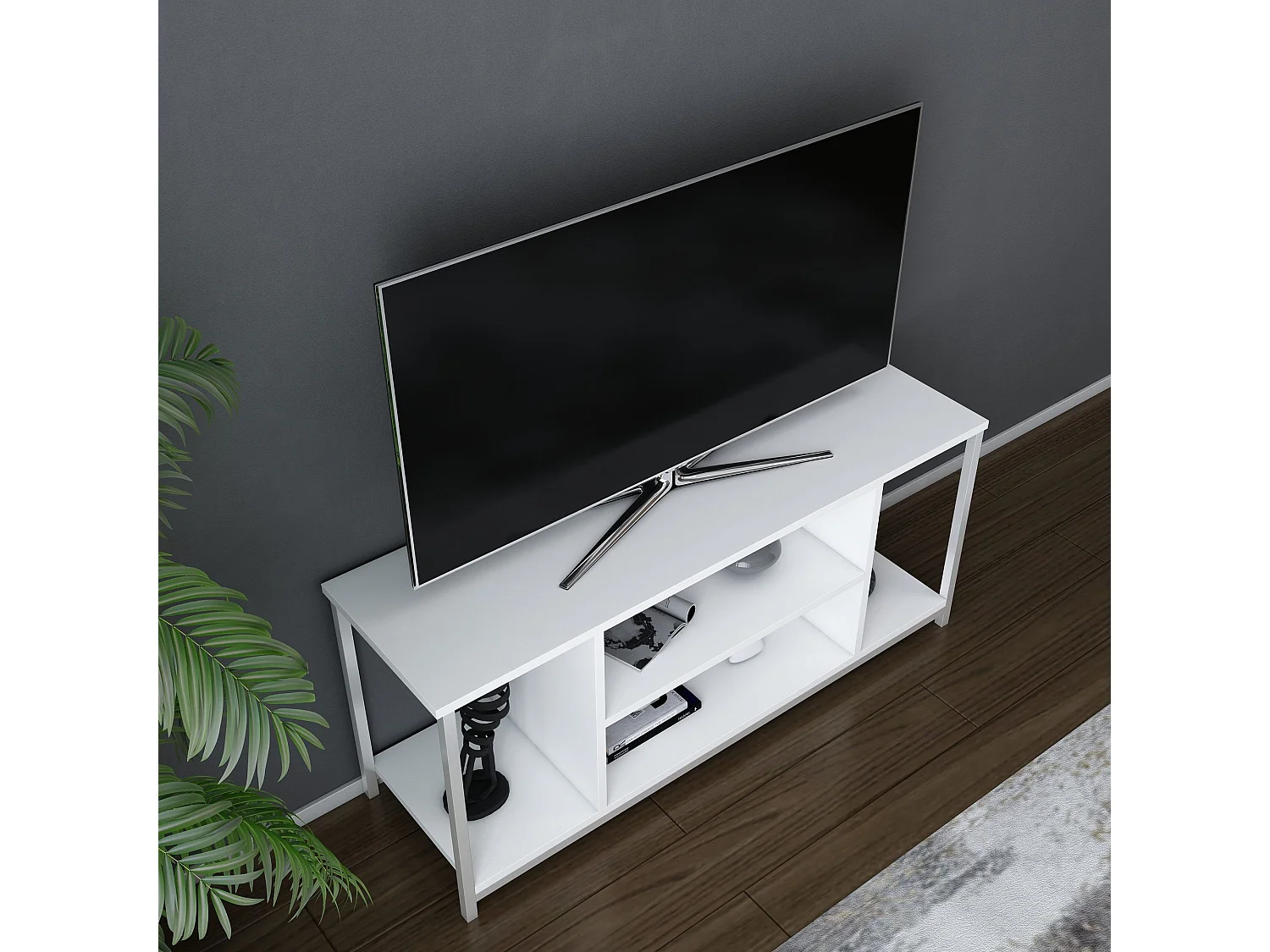 Scandinavische tv-standaard, wit, 120 x 35 x 50,8 cm | 100% melamine gecoate spaanplaat, 18 mm dik, metalen frame | Stijlvol en functioneel voor moderne woonkamers