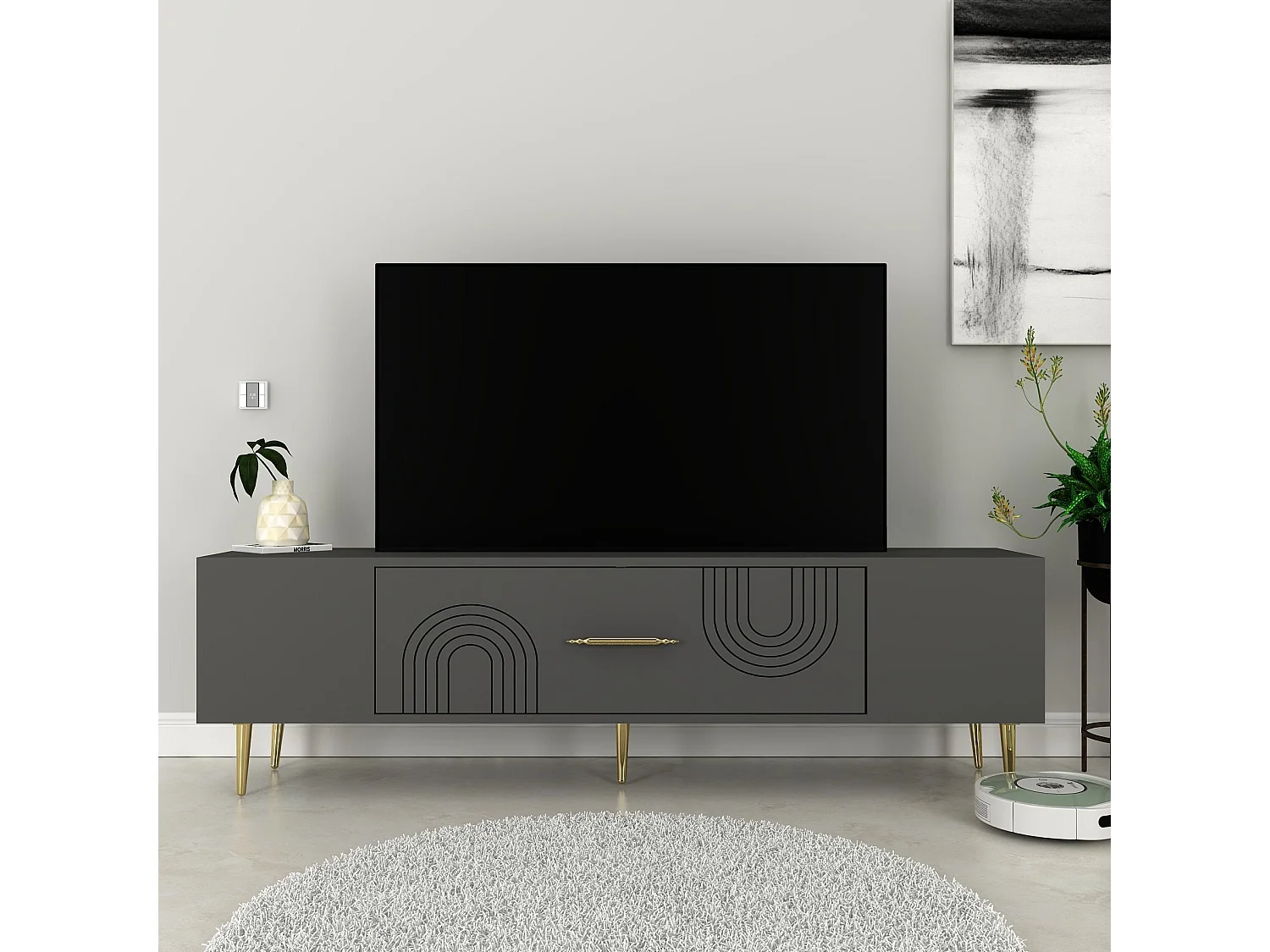Móvel de TV – 150 cm x 48,2 cm x 29,6 cm – Antracite e Dourado – Painéis de partículas com revestimento em melamina