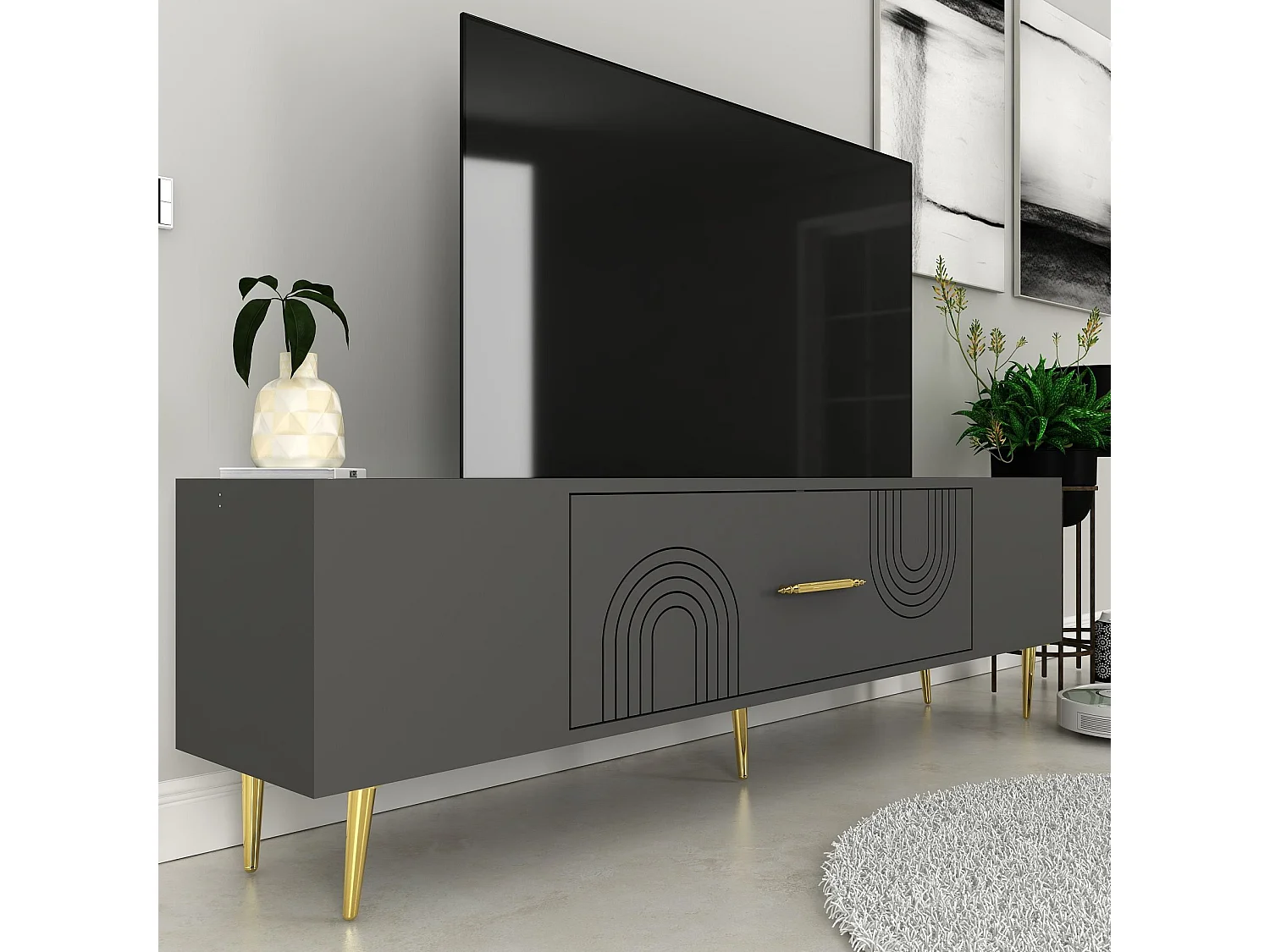 Móvel de TV – 150 cm x 48,2 cm x 29,6 cm – Antracite e Dourado – Painéis de partículas com revestimento em melamina