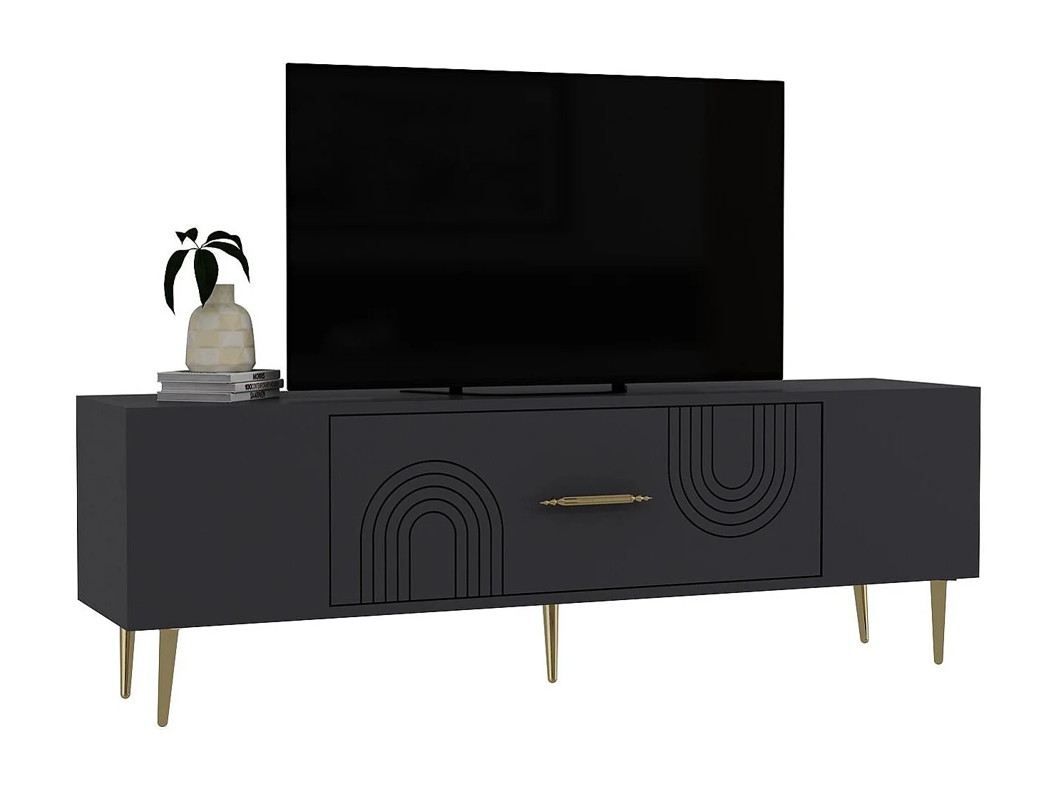 Móvel de TV – 150 cm x 48,2 cm x 29,6 cm – Antracite e Dourado – Painéis de partículas com revestimento em melamina