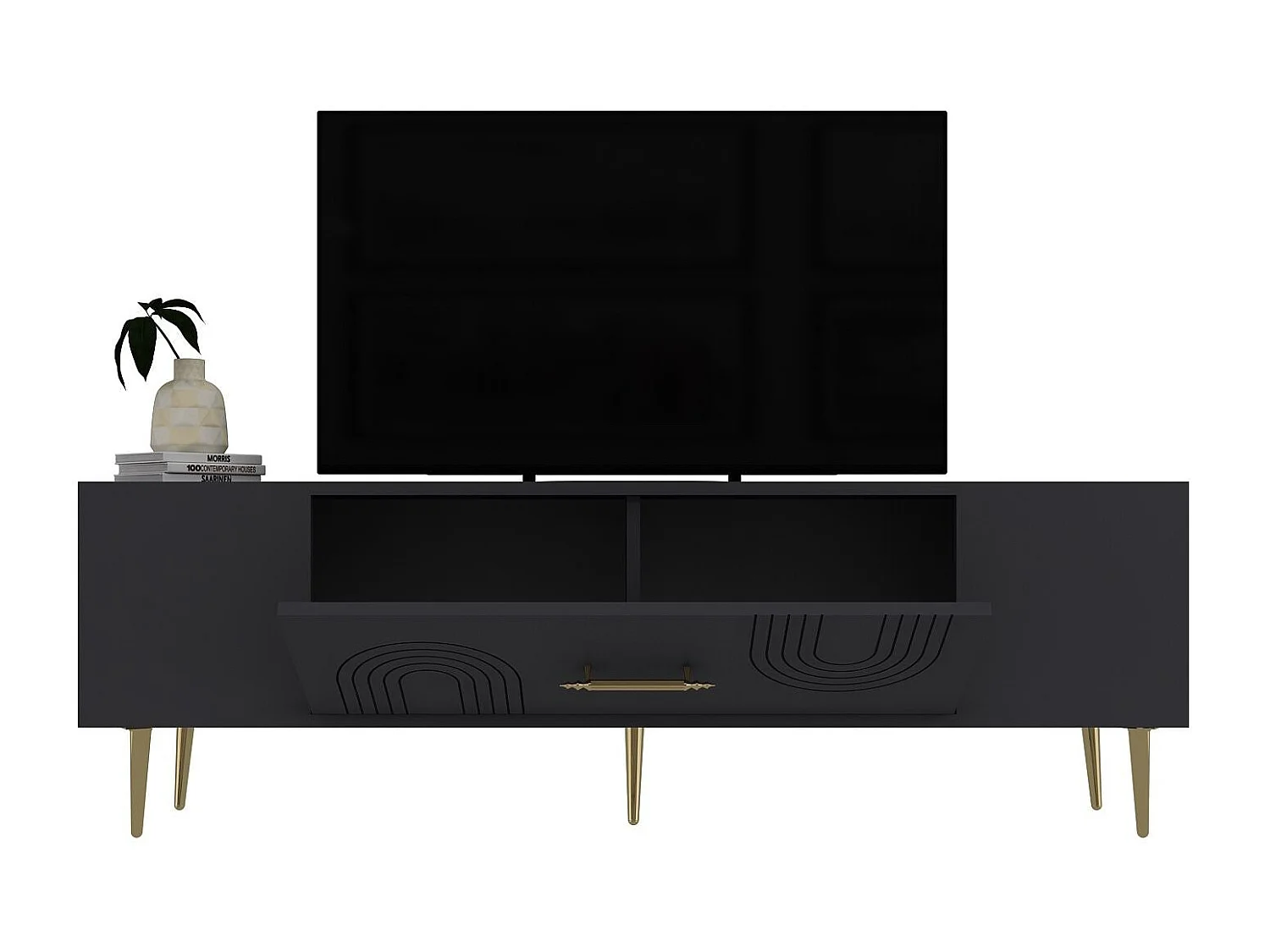 Móvel de TV – 150 cm x 48,2 cm x 29,6 cm – Antracite e Dourado – Painéis de partículas com revestimento em melamina