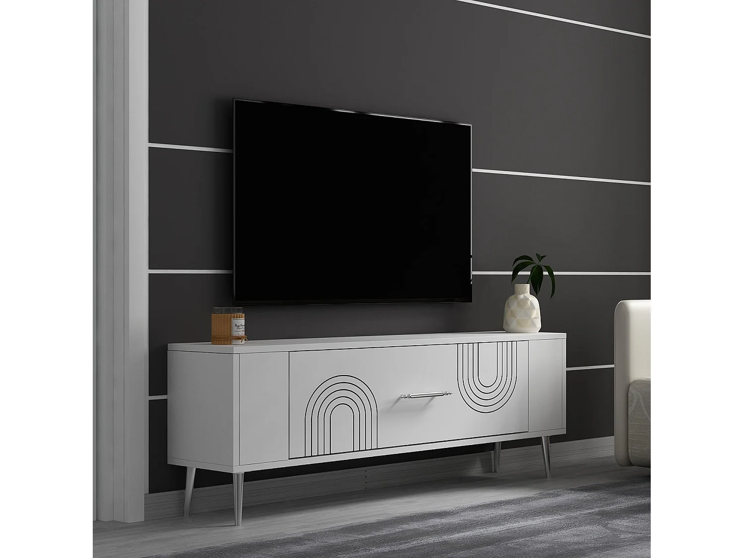 Móvel de TV – 120 cm x 48,2 cm x 26,4 cm – Branco e Prata – Melamina