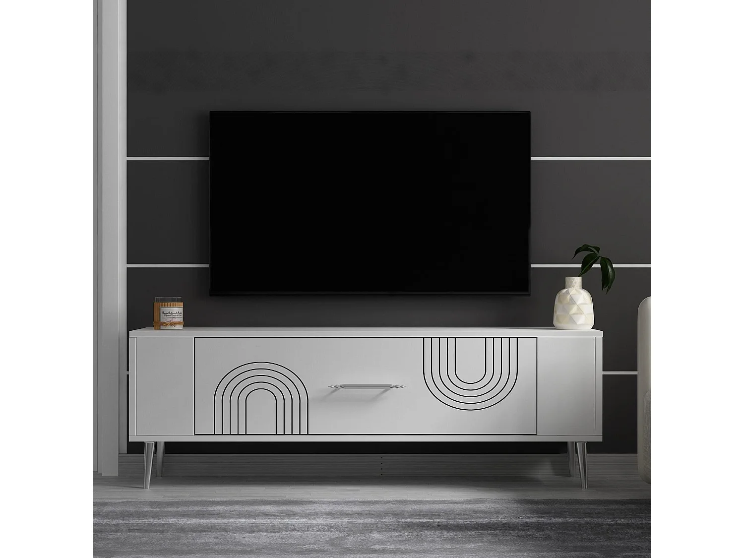 Mobile TV – 120 cm x 48,2 cm x 26,4 cm – Bianco e argento – Melamina