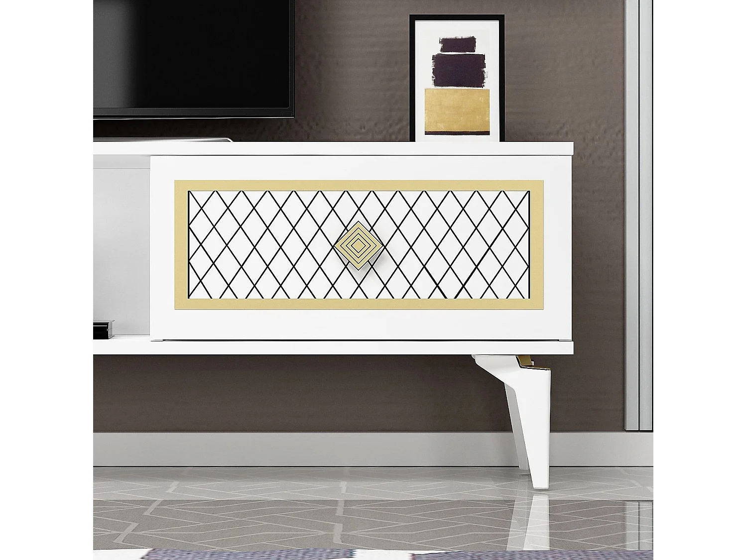 Móvel de TV – 150 cm x 44,6 cm x 29,6 cm – Branco e Dourado – Painéis de partículas revestidos a melamina