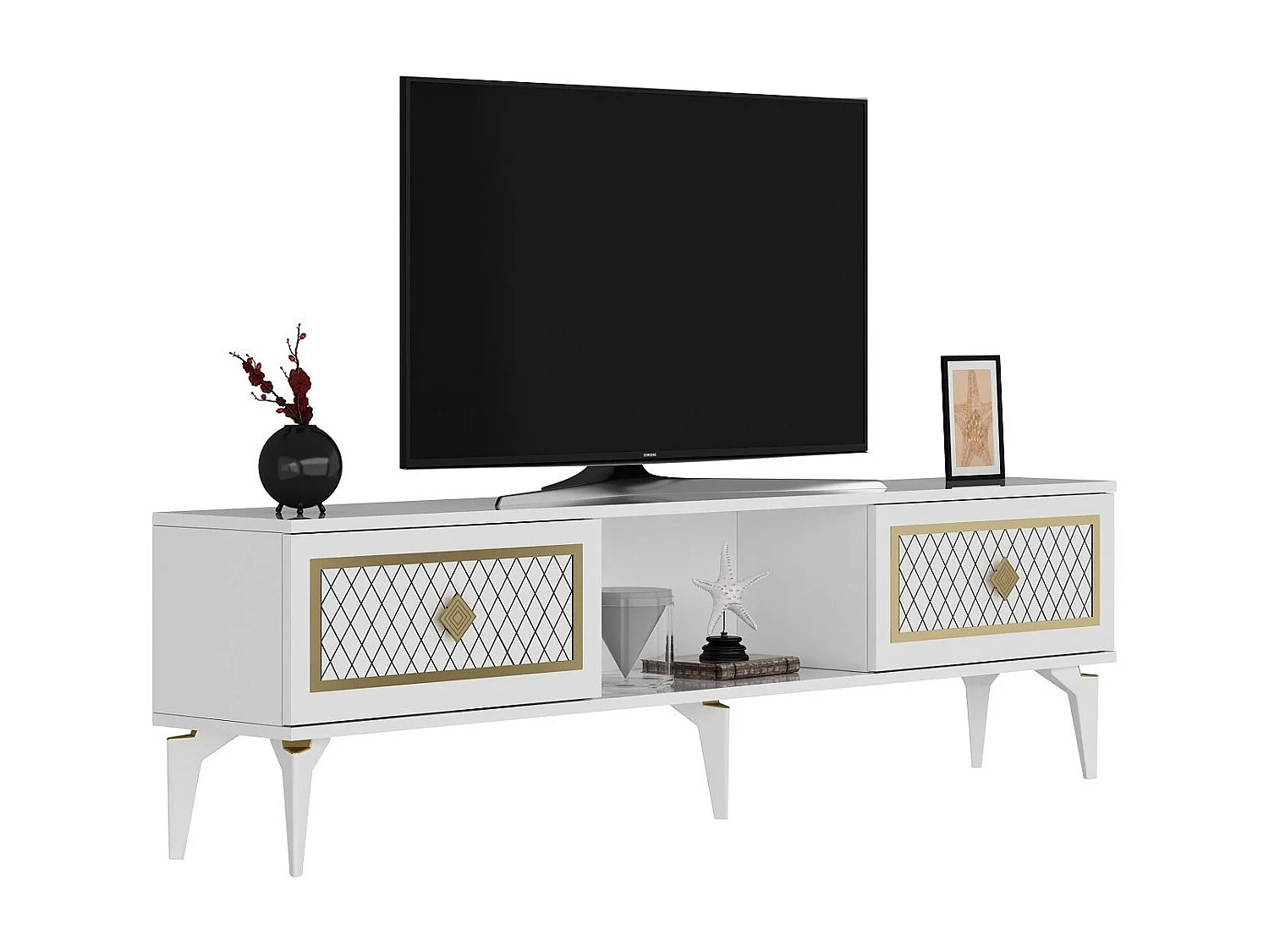 TV-Ständer – 150 cm x 44,6 cm x 29,6 cm – Weiß und Gold – Melaminbeschichtete Spanplatte