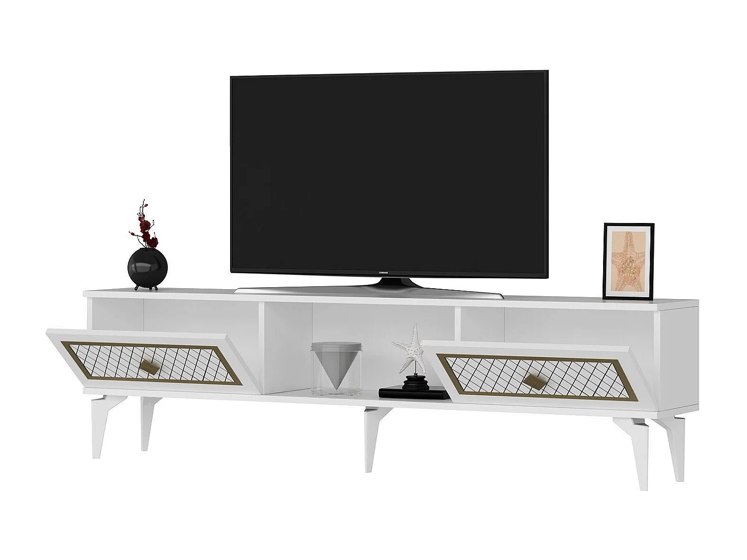 TV-Ständer – 150 cm x 44,6 cm x 29,6 cm – Weiß und Gold – Melaminbeschichtete Spanplatte