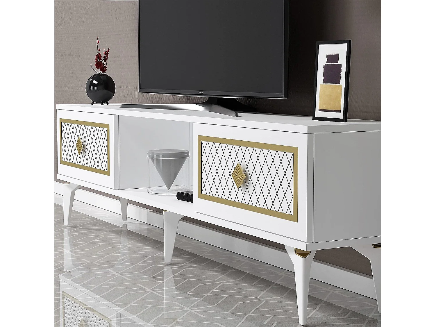 TV-Ständer – 150 cm x 44,6 cm x 29,6 cm – Weiß und Gold – Melaminbeschichtete Spanplatte