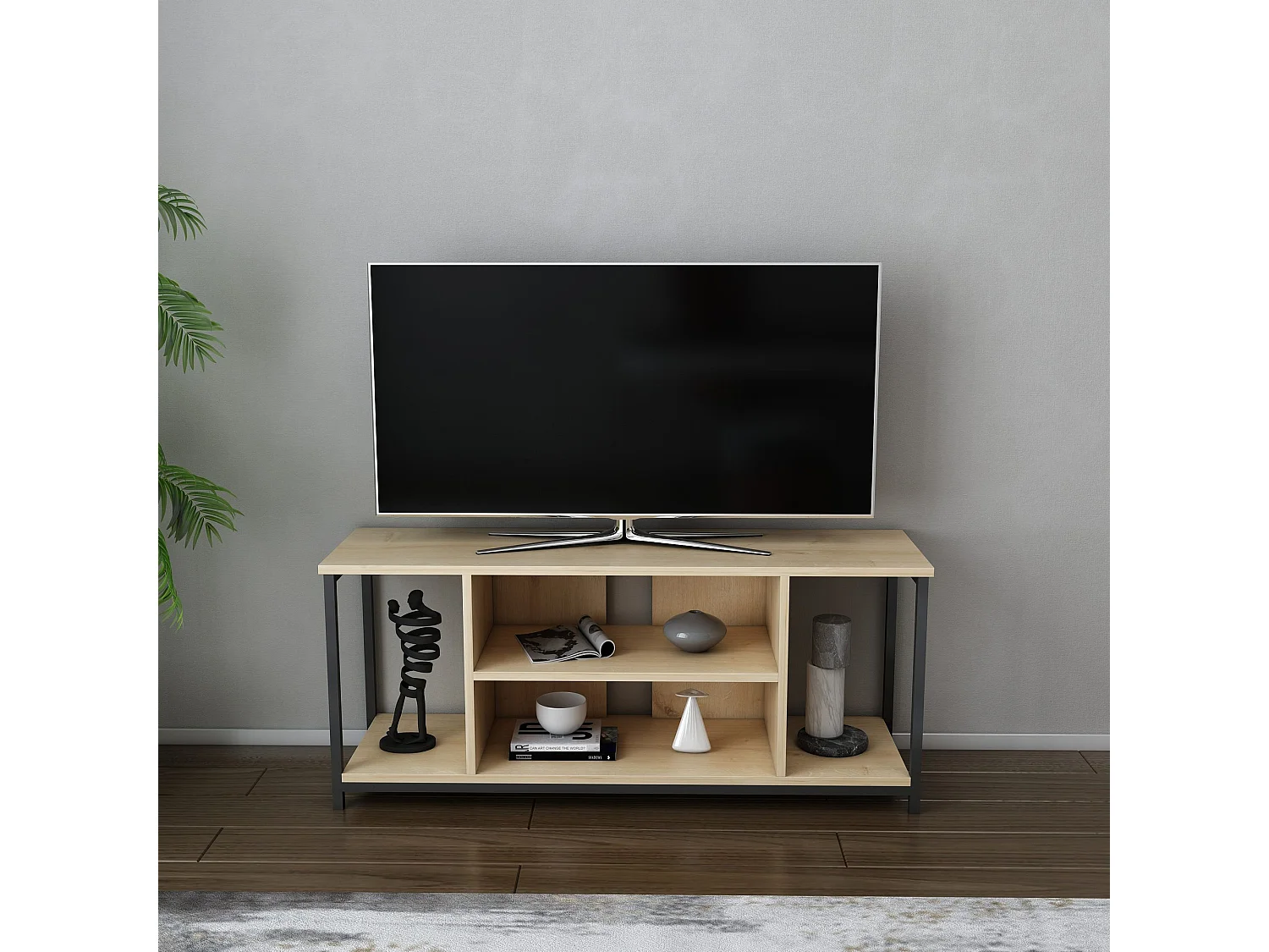 Industriële tv-kast, zwart en eiken, 120 x 35 x 50,8 cm | 100% melamine gecoate spaanplaat, 18 mm dik, stevig metalen frame | Elegant en functioneel design