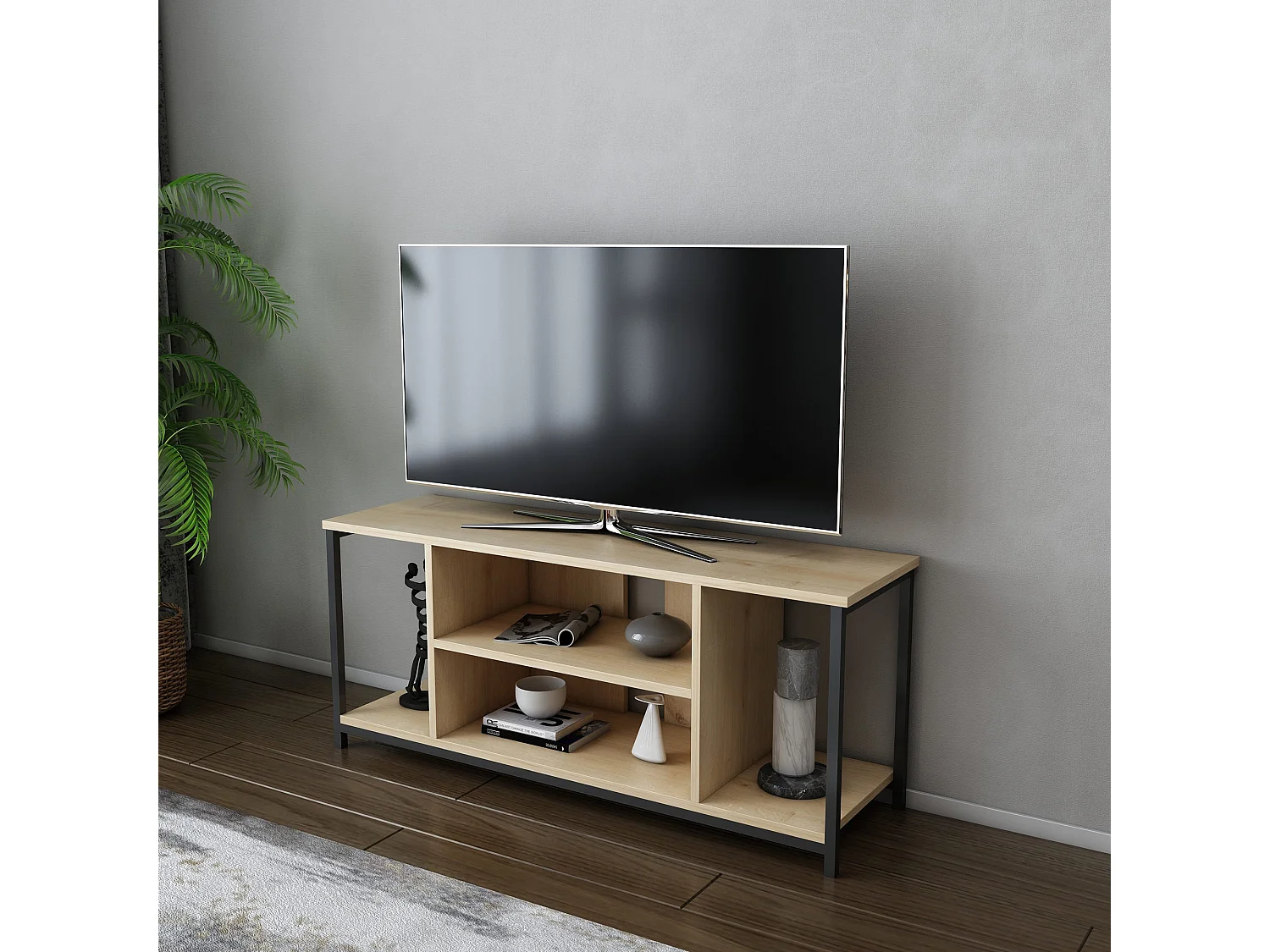 Industriële tv-kast, zwart en eiken, 120 x 35 x 50,8 cm | 100% melamine gecoate spaanplaat, 18 mm dik, stevig metalen frame | Elegant en functioneel design