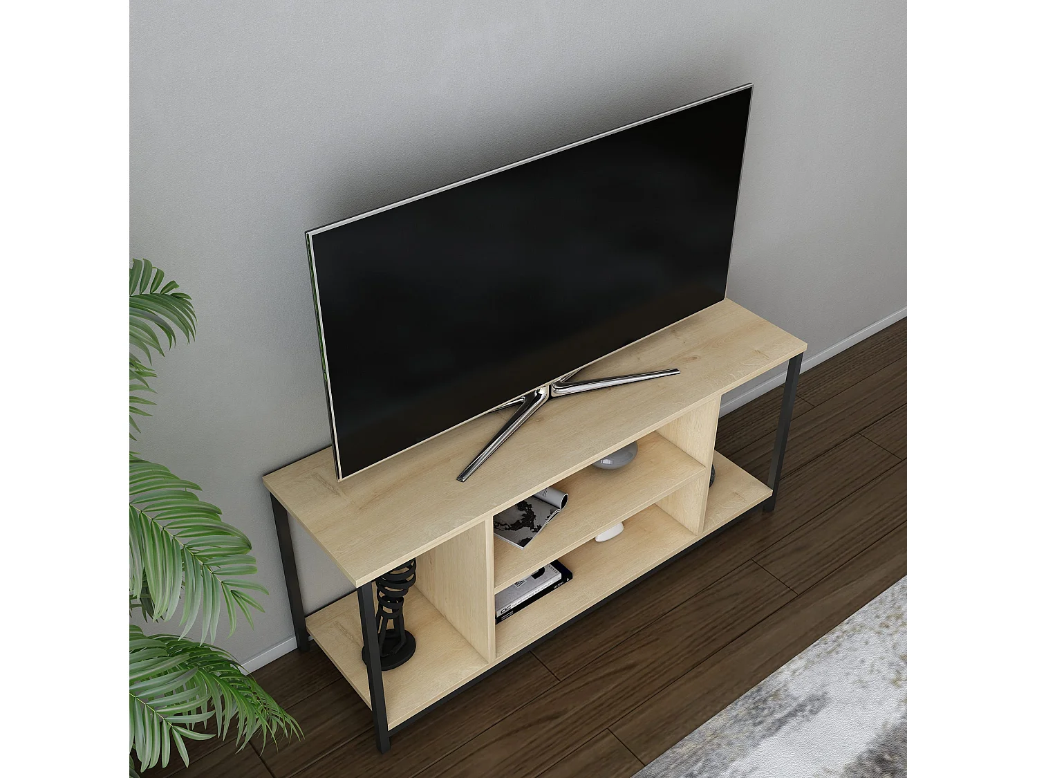 Industriële tv-kast, zwart en eiken, 120 x 35 x 50,8 cm | 100% melamine gecoate spaanplaat, 18 mm dik, stevig metalen frame | Elegant en functioneel design